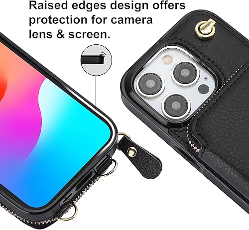 Miniatura 7 de Bocasal Funda tipo cartera cruzada para iPhone 15 Pro, funda de piel con bloqueo RFID y soporte para tarjetas, funda protectora con cremallera y