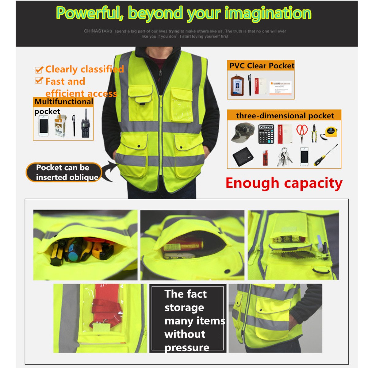 RanDal Vert Unisexe Haute Visibilité Réfléchissant Multi Poches Construction Gilet De Sécurité - M