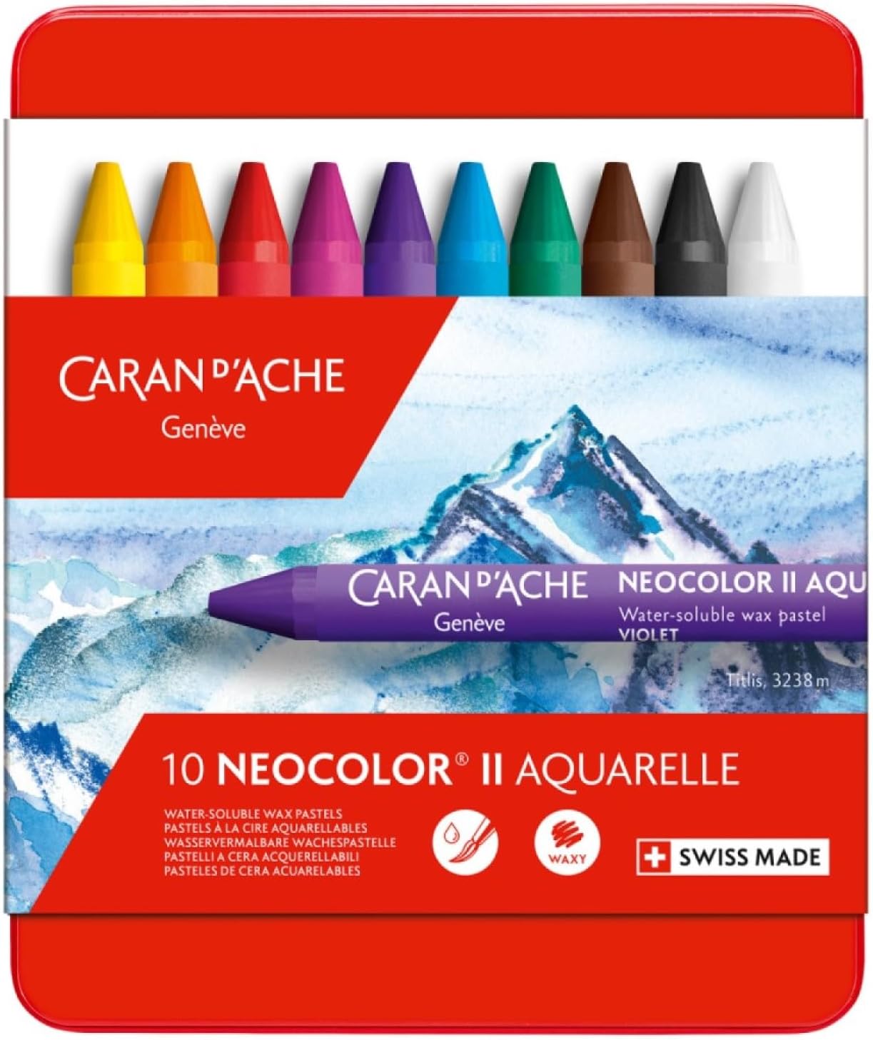 Caran D'Ache NEOCOLOR® II Aquarelle Pastels – Set of 10 Vibrant Colors | Wax-Based Artists' Pastels for Dry & Wet Techniques | Swiss-Made with Superior Lightfastness and Versatility
