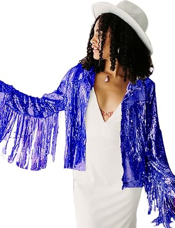 CXINS Womens Sequin Tassel Jacket Sparkle Retro Long Sleeve Reflective Fringe Jacket Sequin Coat