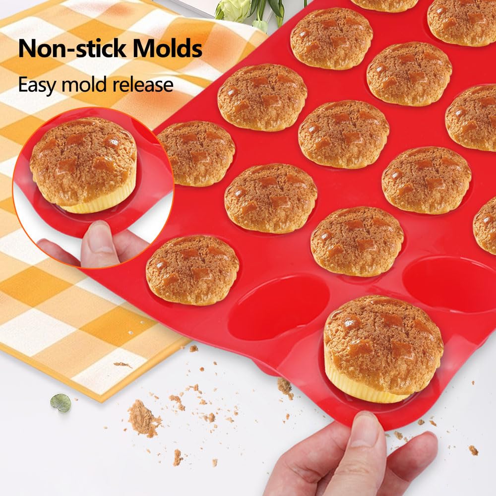 Stampo Mini Muffin In Silicone Con Raschietto E Pennello - 2 Teglie Antiaderenti Da 24 Alveoli, 33x22x2.5 Cm, Blu - 5