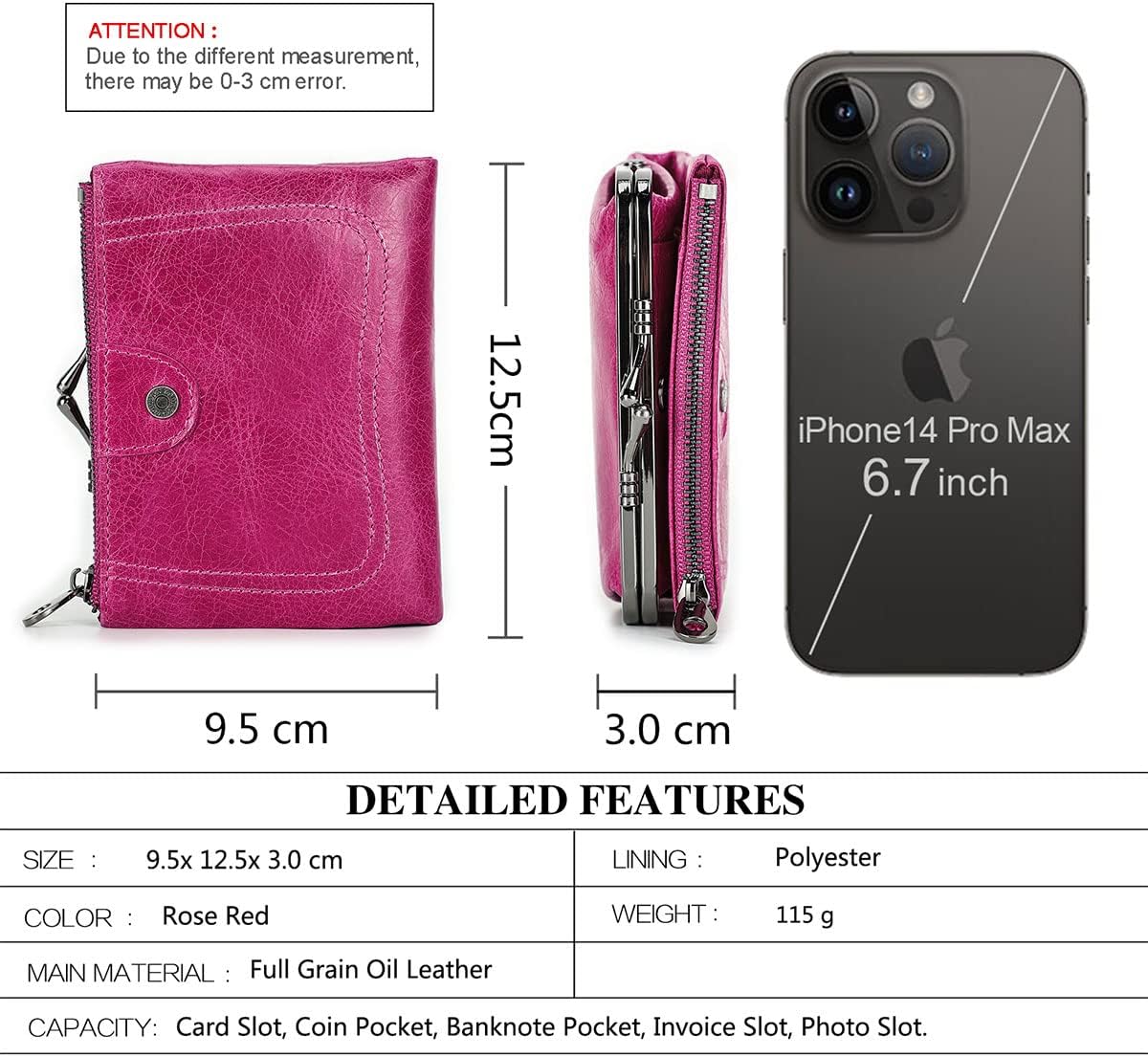 CONTACTS Womens Kiss Lock Wallet Leather Small Zipper Coin Purse for Women Bifold Rfid Clasp Wallet Card Holder with Photo Window