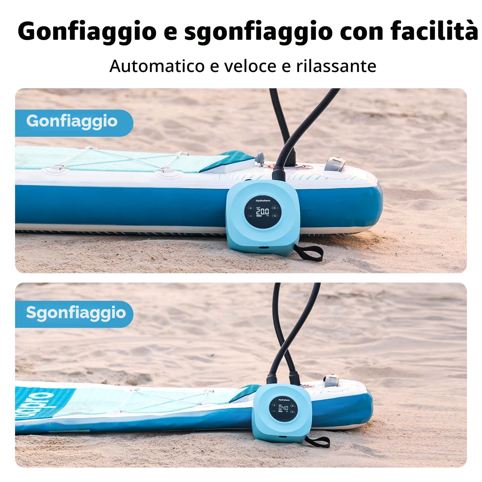 Hydrohero Pompa SUP elettrica, SUP ricaricabile 20 PSI, gonfiaggio rapido | 5 min a 12 PSI, 1,14 kg leggera, Batteria 38,48Wh, Gonfiaggio e sgonfiaggio doppio stadio, 7 ugelli, Borsa portaoggetti