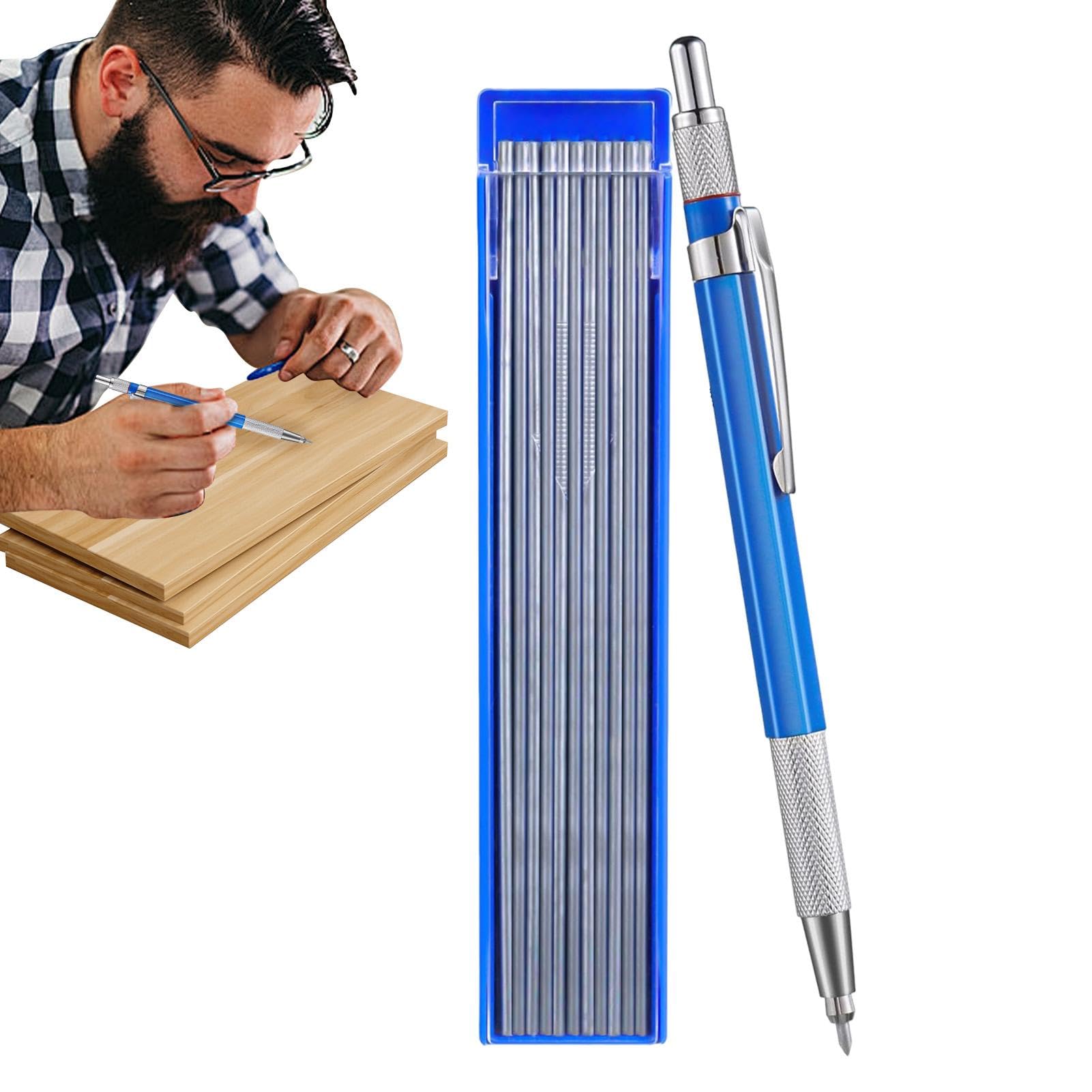 Welders - Lápiz mecánico de carpintero, marcador de metal de 2 mm con 12 recambios redondos plateados, sacapuntas integrado, herramienta de ajuste de tuberías para acero, construcción