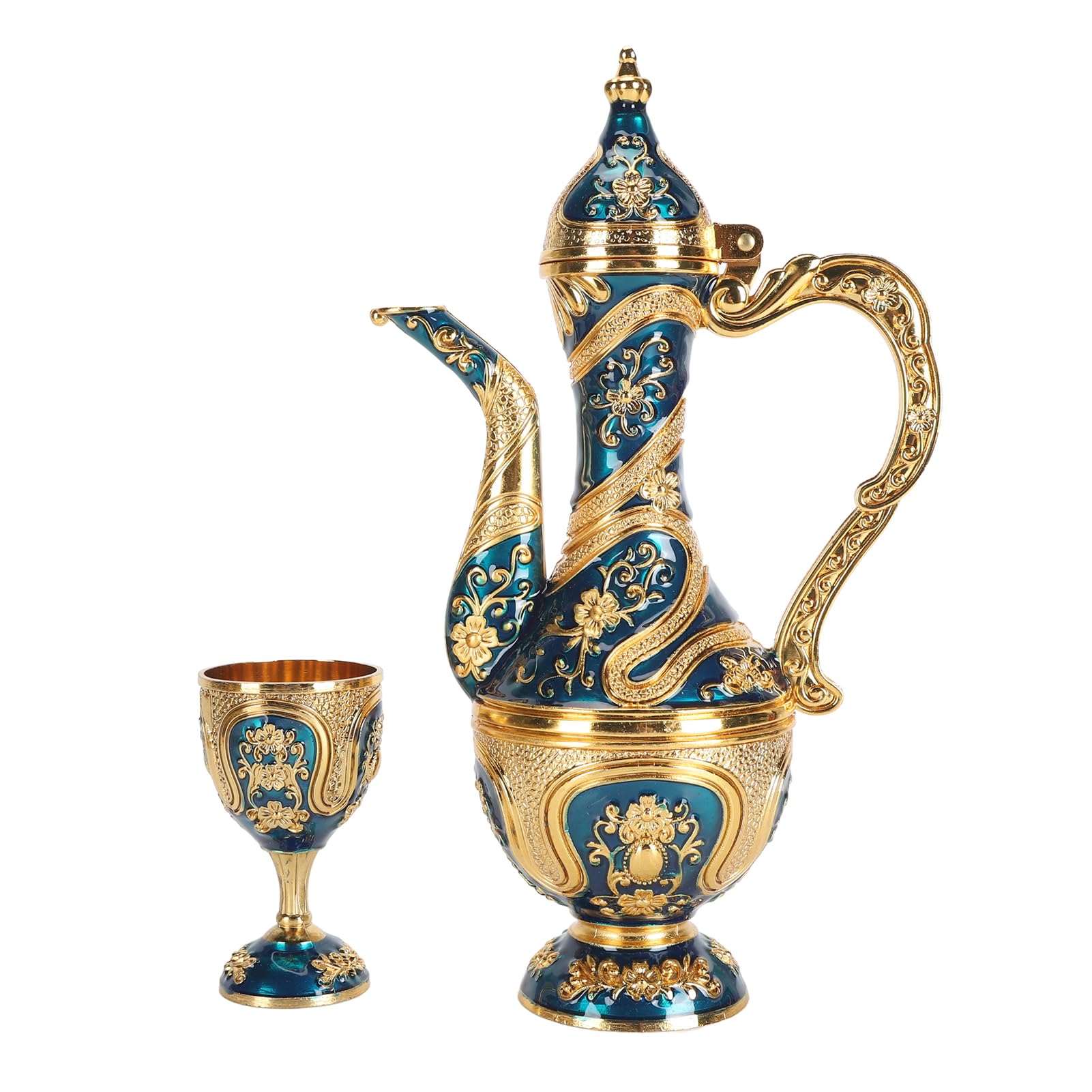 CHICIRIS Türkisches Vintage-Teeservice mit Elegantem Design für Partys und Hochzeiten, Zinklegierungsmaterial – 1 Kanne, 6 Tassen, Tablett (Goldblau)