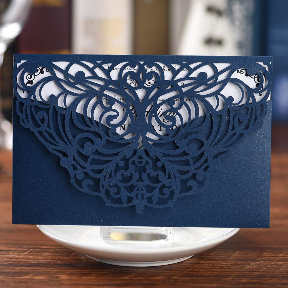 Navy Blue Laser Cut Wedding Invitations Kit 50 Packs FOMTOR Laser Cut 