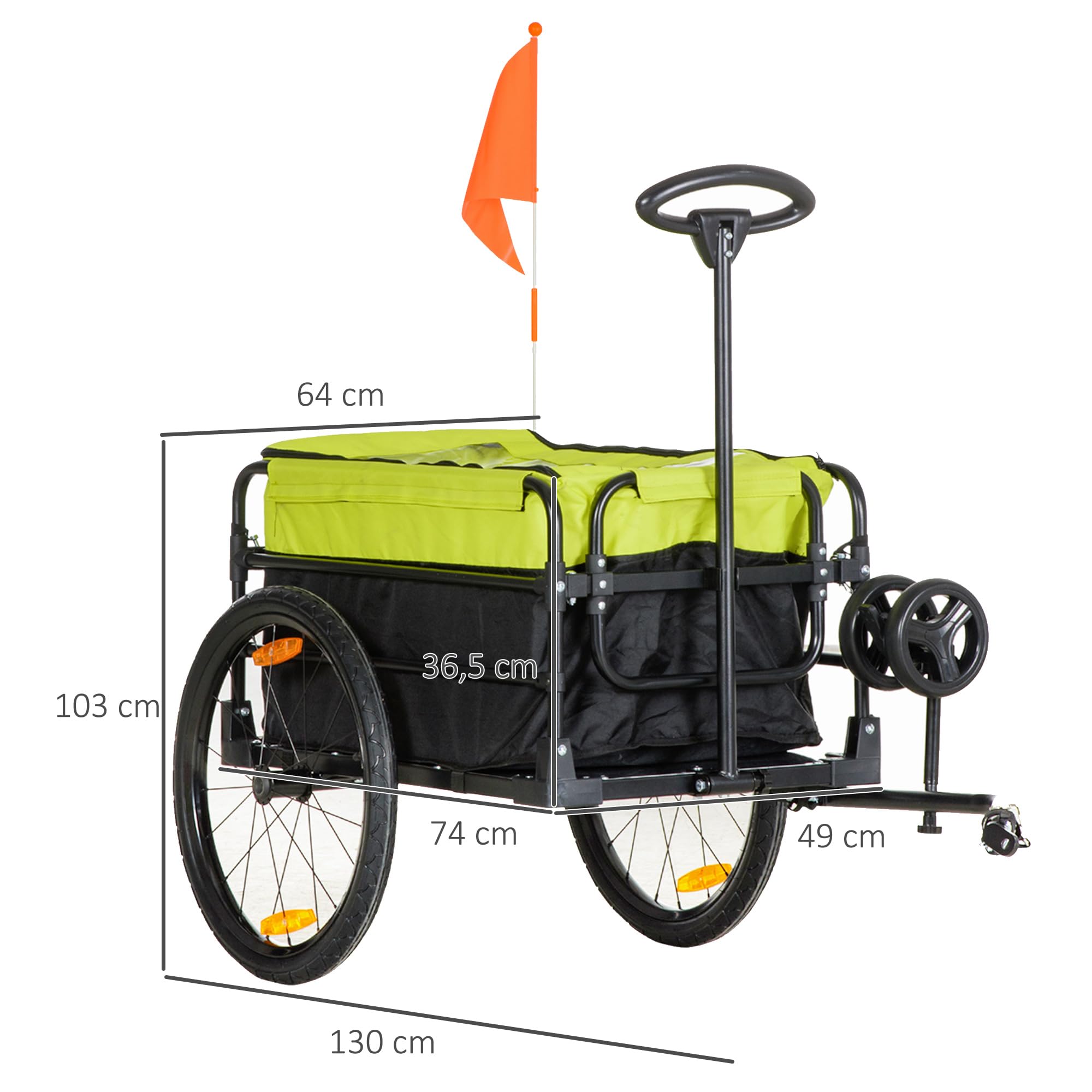 HOMCOM Rimorchio per bicicletta, 2 in 1, per bicicletta, con pneumatici da 20 pollici, portata 40 kg, in acciaio, tessuto Oxford, 130 x 64 x 64/103 cm