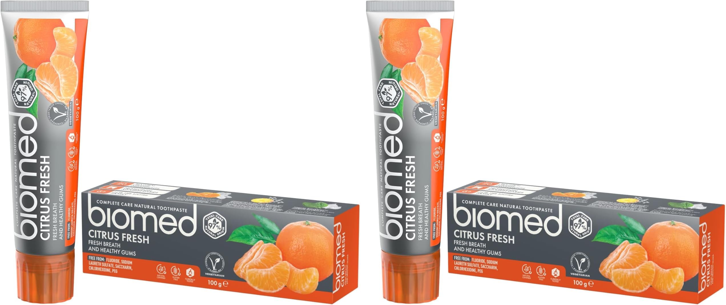 Biomed Citrus Fresh 97% Natural Toothpaste | Orange, Fresh Breath, Healthy Gums | Mandarin Grapefruit Lemon Essential Oils, Fruit Flavour, Vegetarian, SLES Free 100g (Pack of 2)