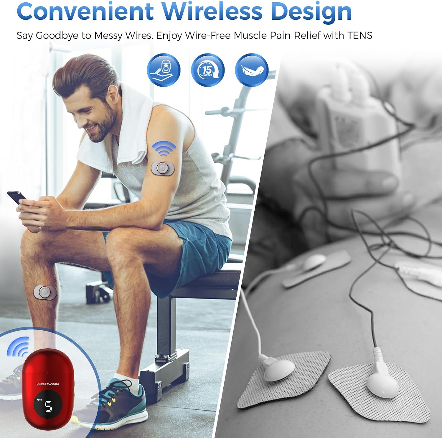 KingPavonini Wireless TENS Unit, Muscle Stimulator for Pain Relief, Portable Rechargeable TENS EMS Machine, LED Screen, Remote, Dual Channel 6 Modes 16 Intensity Massager, Charging Case (Red)
