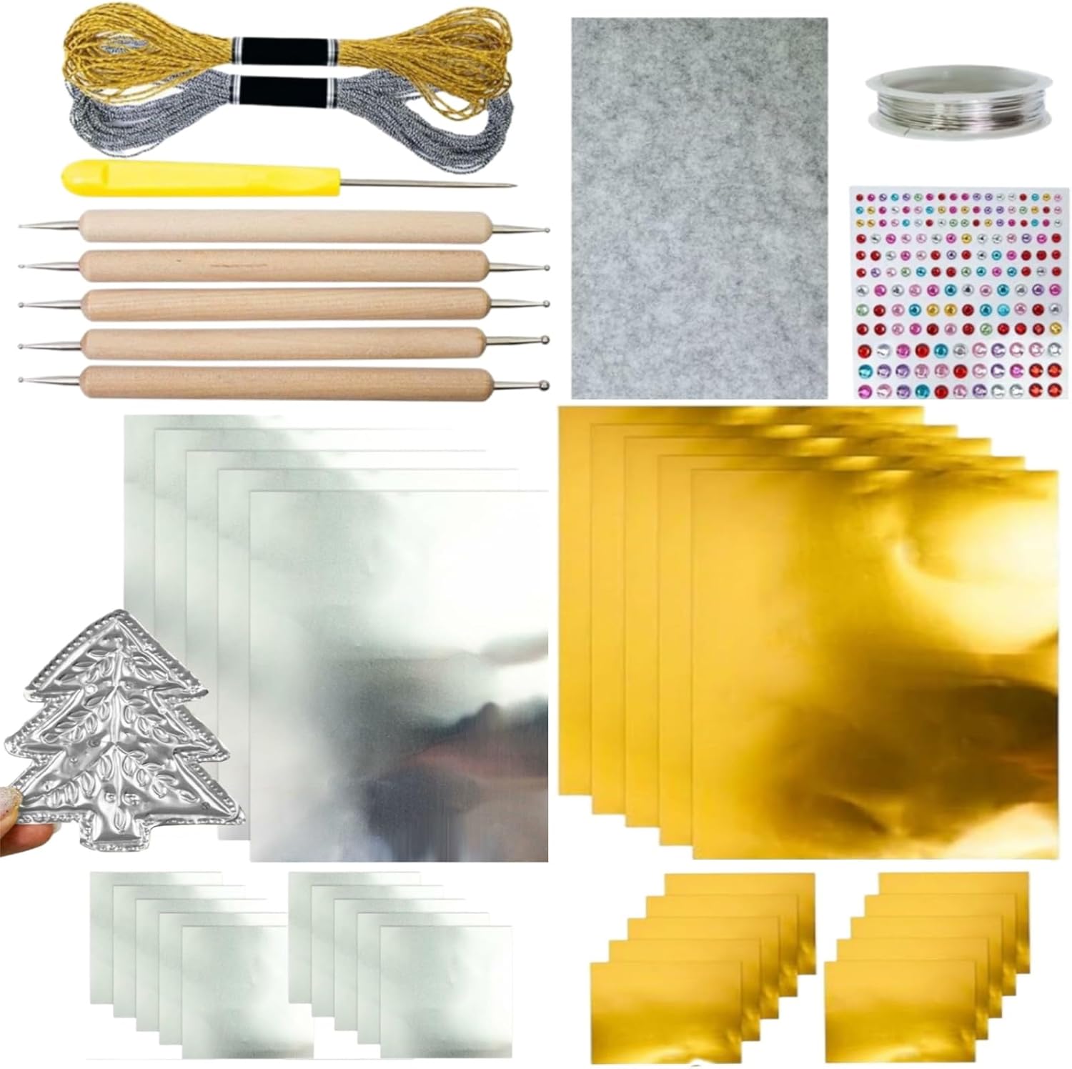 15Pcs Foil Paper Art Foils Sheet,DIY Gold/Silver Decorative Metal Sheet Embossing Tools,Metal Embossing Foil Sheets Kit with 2 Rolls Wire,Engraving Tools for Painting Gilding Crafting (2MIX)