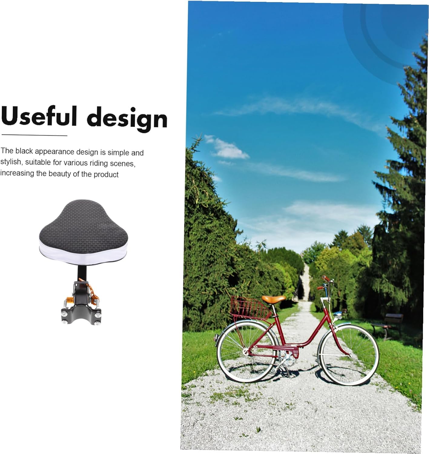 Adjustable Front-Mounted Bike Seat with Supple Cushion and Anti-Slip Material Comfortable Bike Seat Attachment Stylish Black and White Design