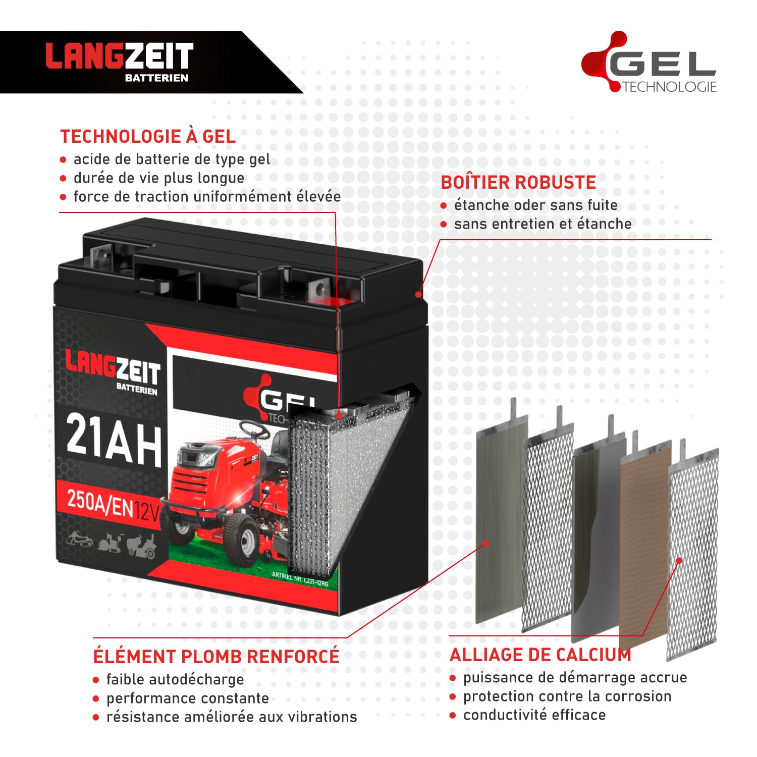 LANGZEIT batterie tracteur tondeuse 12V 21Ah GEL remplace 17 18 20 22 23Ah