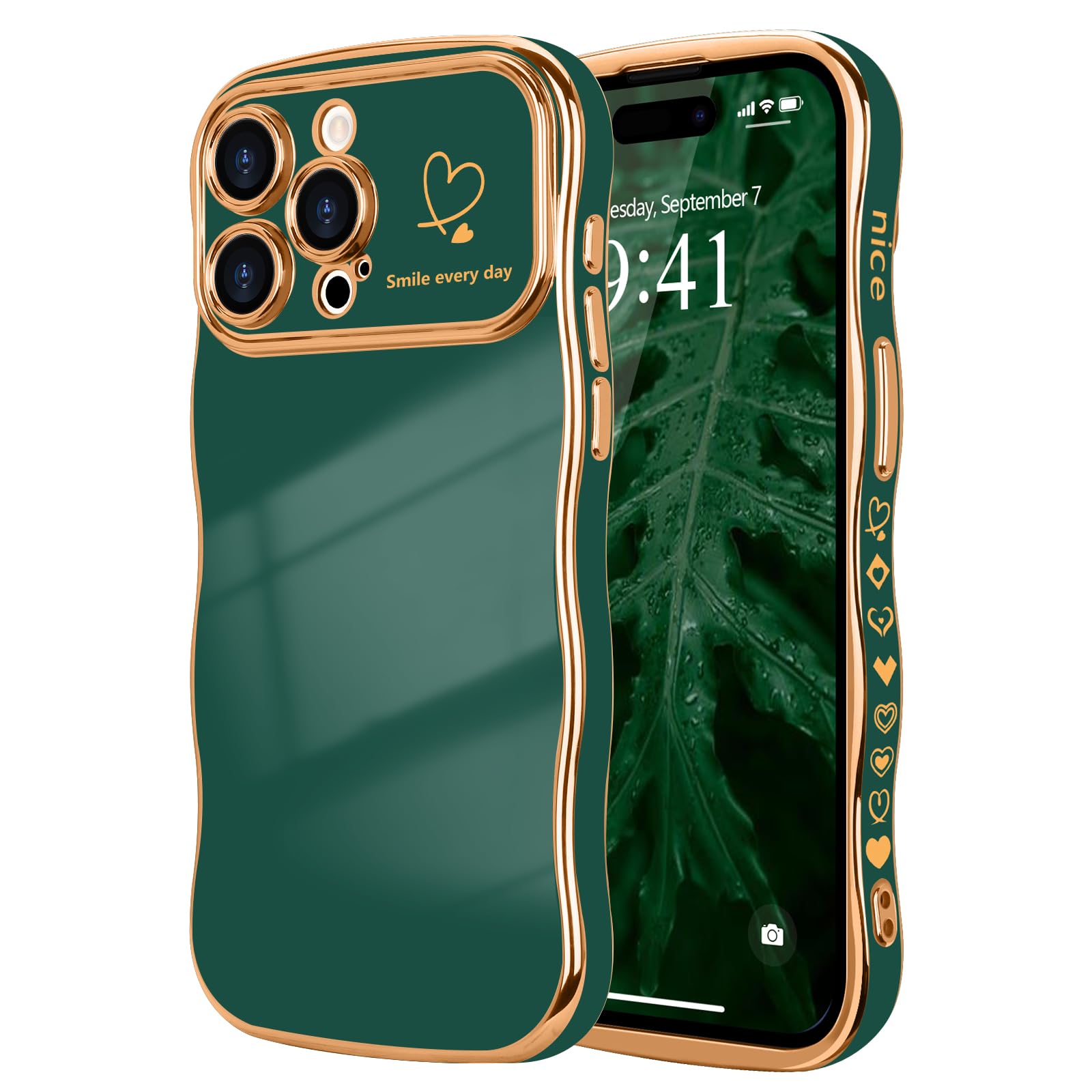 LCHULLE for iPhone 15 Pro Case for Women Girls, Cute Wave Frame Curly Shape with Love Heart Pattern Raised Camera Protection Cover Luxury Plating Shockproof Phone Case for iPhone 15 Pro, Dark Green