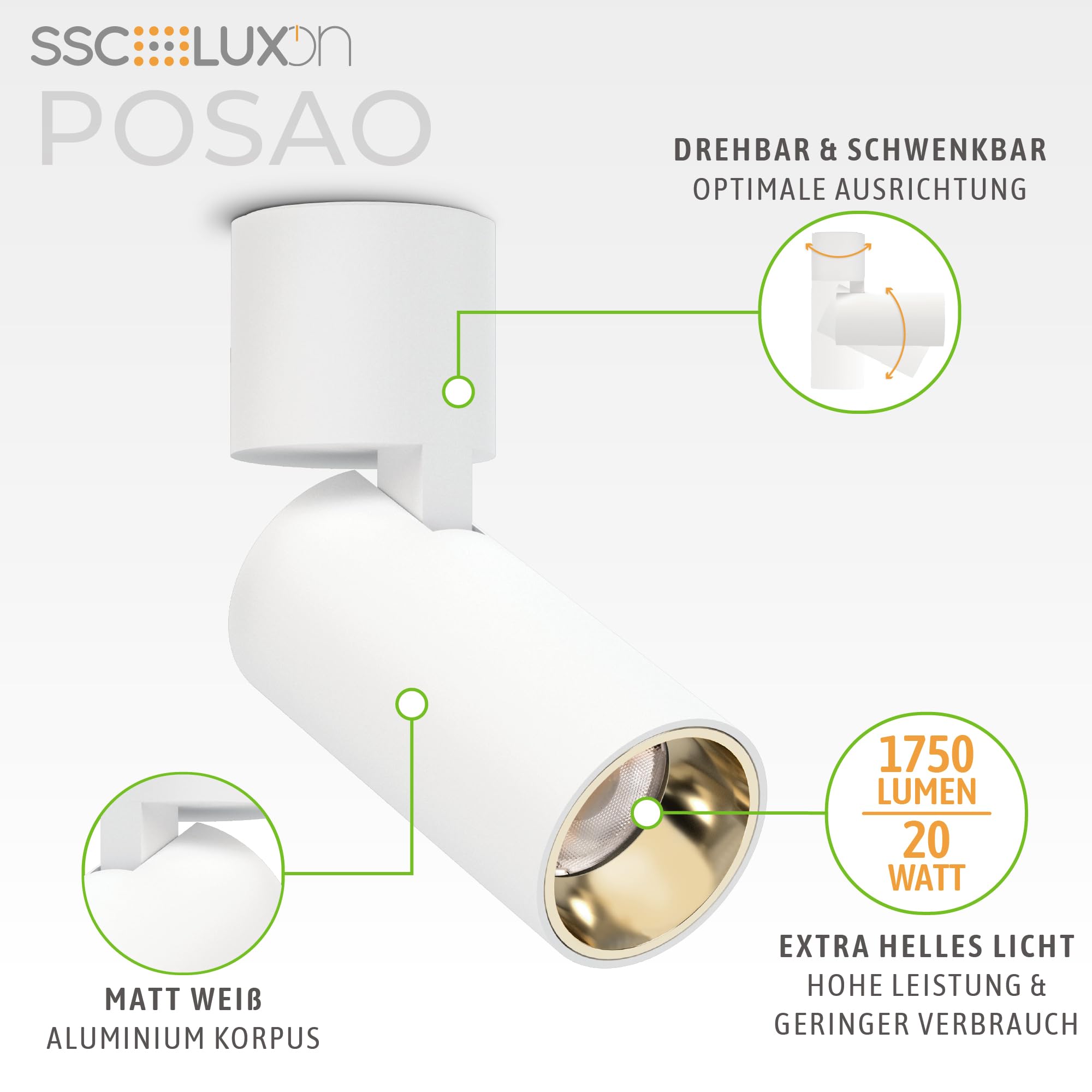 SSC-LUXon POSAO LED Deckenstrahler 1-flammig weiß 20W warmweiß schwenkbar | Heller Aufbaustrahler weiß für Decke & Wand - 1750 Lumen, warmweiß, enger Abstrahlwinkel für Bilder & Shop, schwenkbar, 230V