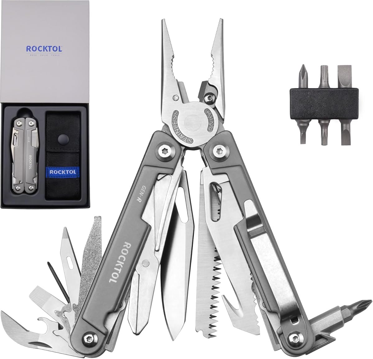 ROCKTOL Multitool Pliers, EDC Multitool Pocket Knife VG10 Blade, 27-in-1 Multi-tool with Titanium-plated Handle, Precision Screwdriver, Gut Hook for Hunting, Backpacking, Hiking, Camping, (Gen-R)