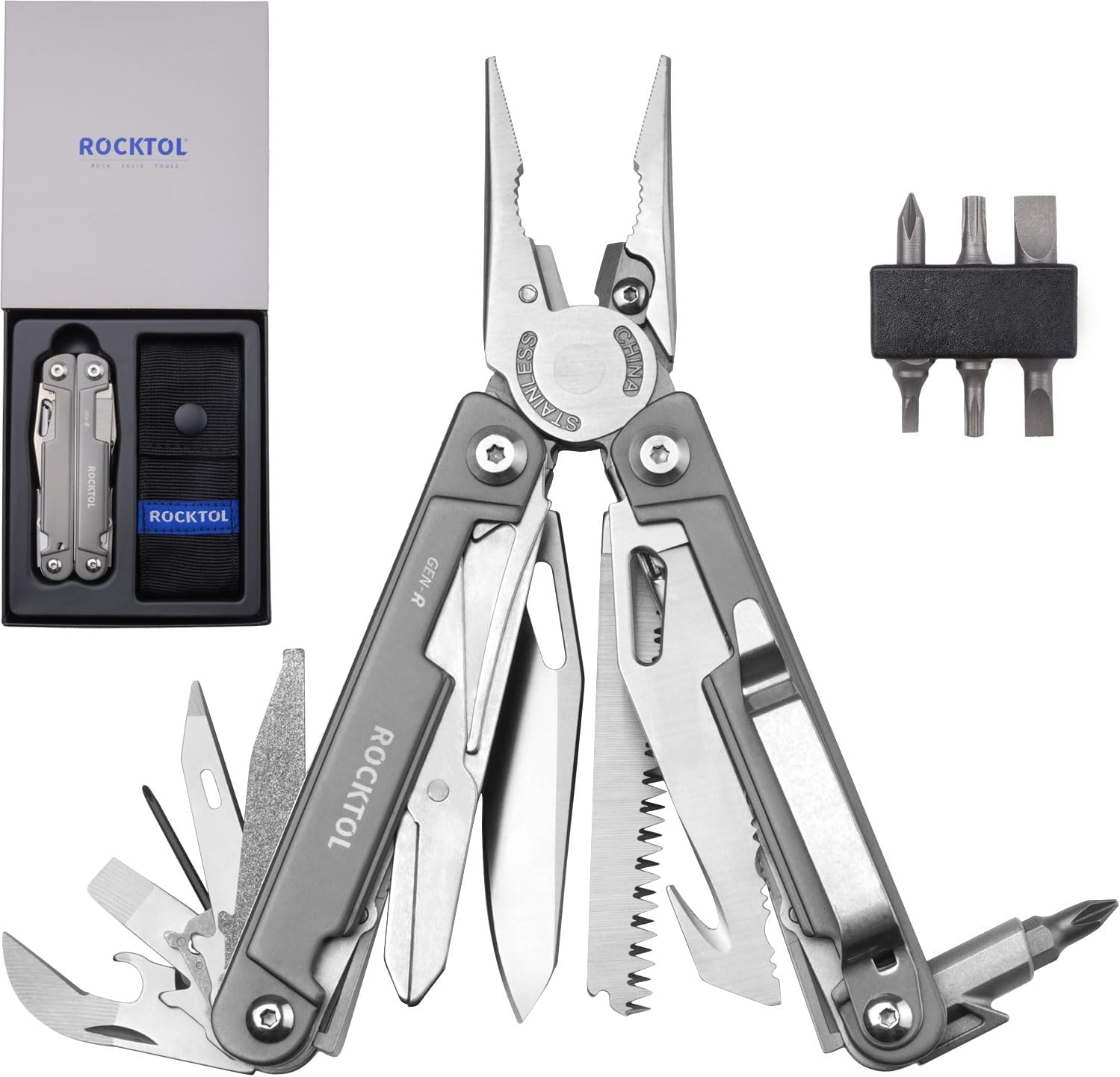 Multitool Pliers, EDC Multitool Pocket Knife VG10 Blade, 27-in-1 Multi-tool with Titanium-plated Handle, Precision Screwdriver, Gut Hook for Hunting, Backpacking, Hiking, Camping, (Gen-R)