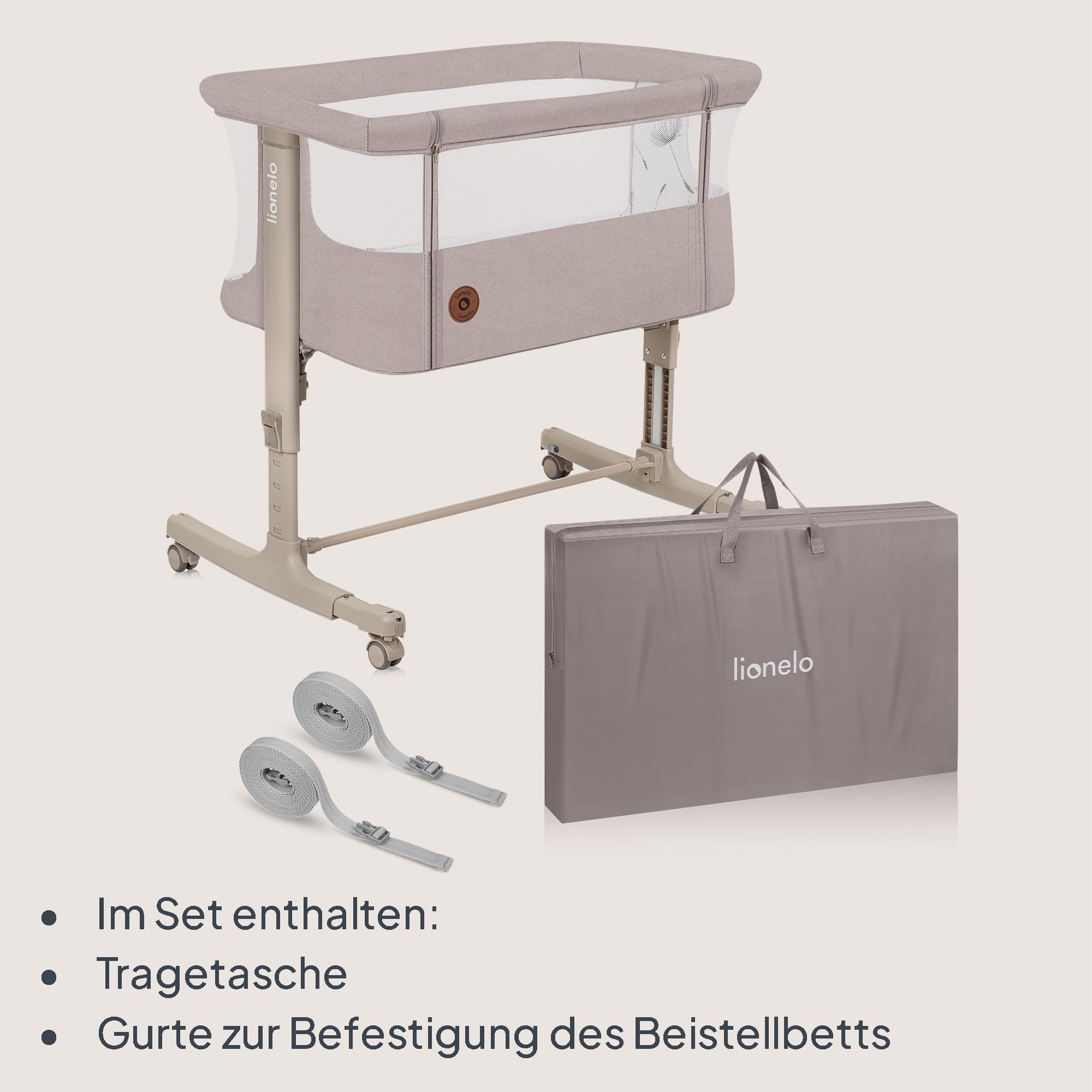 Lionelo Aurora 3 in 1 Babybett bis 9 kg, Beistellbett, Wiege, Höhenverstellug und Einstellung der Neigung der Matratze, 4 Räder mit Bremse Ergonomische Matratze Tasche