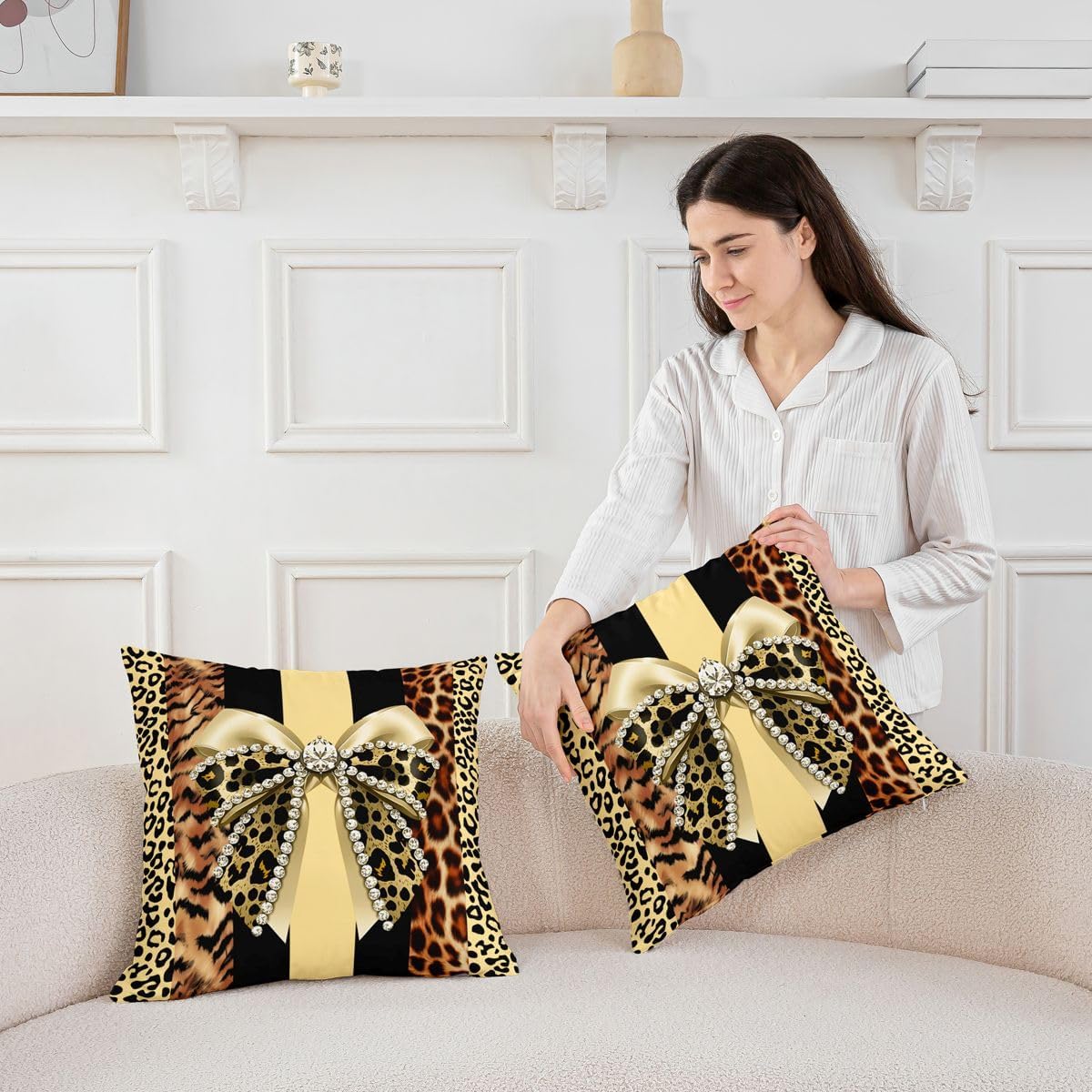 Feelyou Leopard Print Throw Pillow Covers Set of 2 Girls Yellow Bow Square Cushion Covers Cheetah Pillow Case Bow Knot Print Cushion Case for Couch Sofa Bedroom Decor 22 x 22-Inch