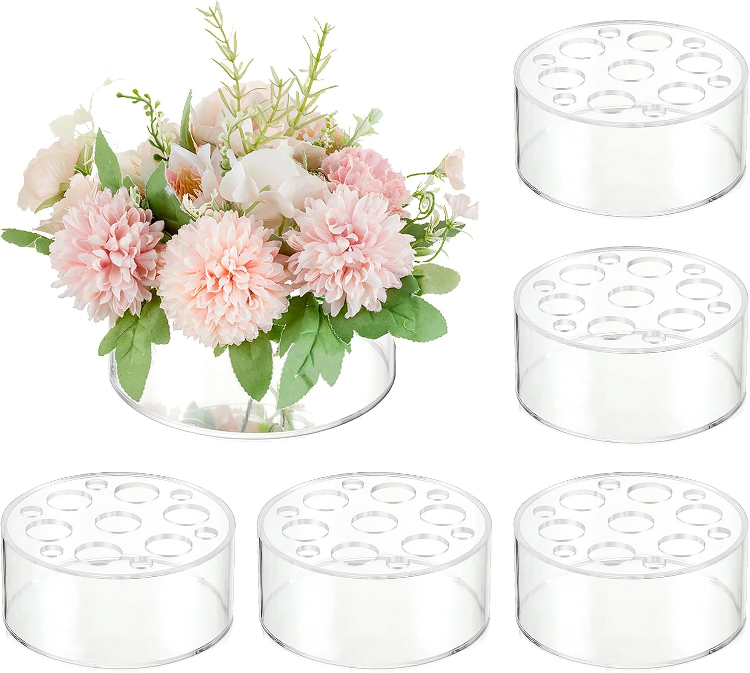 Glasseam Acrylic Flower Vase for Centerpieces: Set of 6 Wedding Party Dining Room Table Decorations, Cylinder Round Clear Vases with 13 Holes (5.9in)