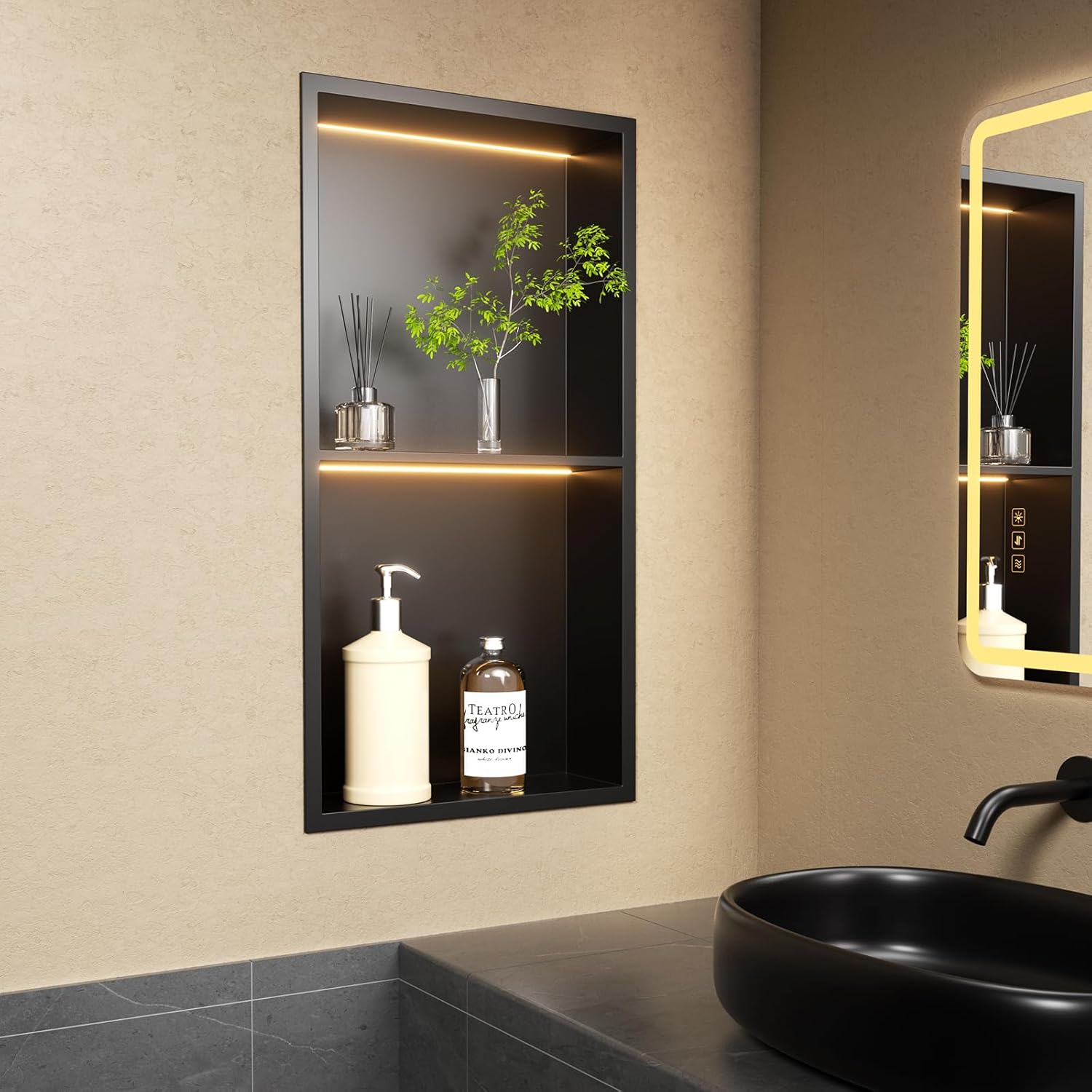 Bathroom Recessed Shower Niche with LED - Stainless Steel Wall Niche with Double Shelves, 12"x24"x4", Black, Horizontal or Vertical