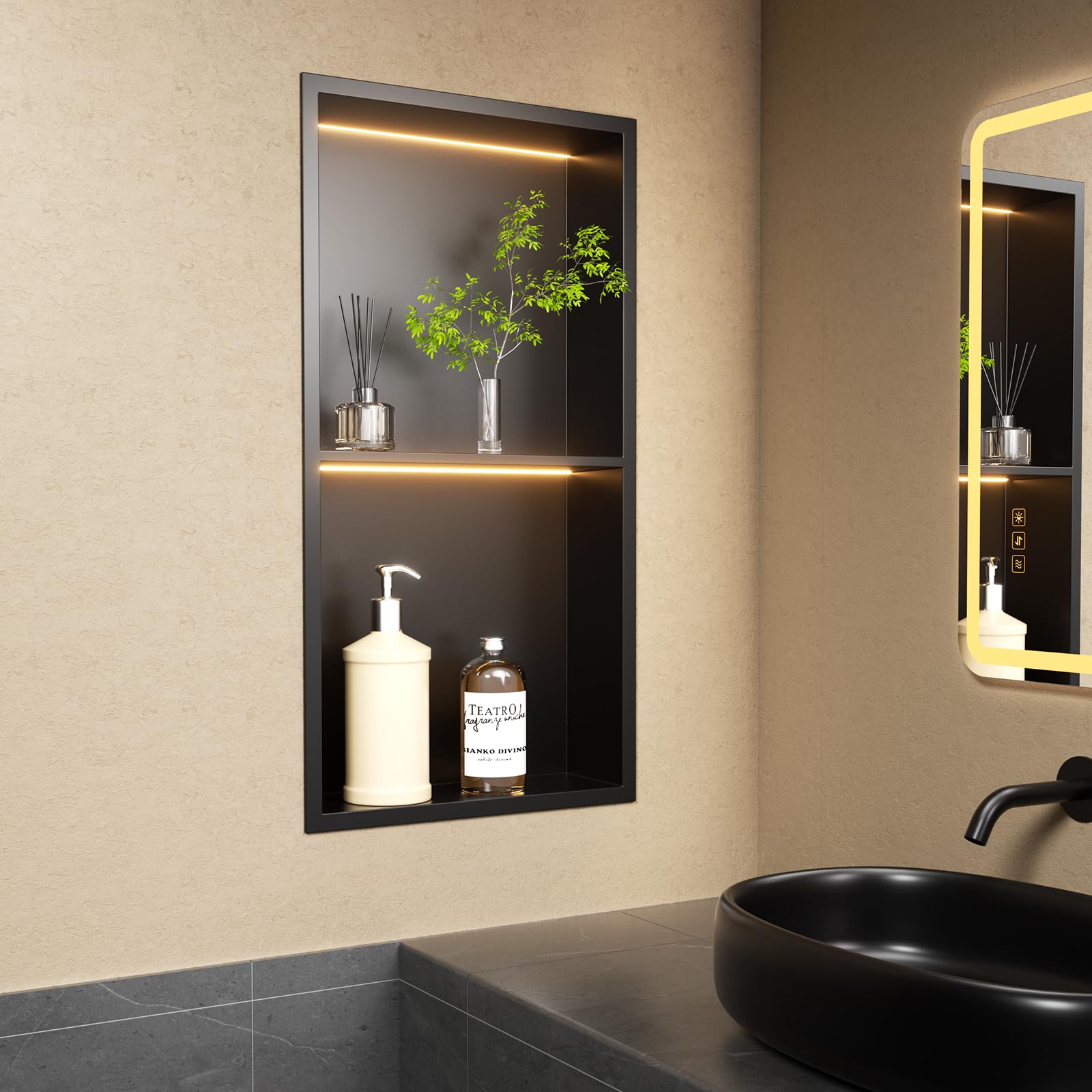 KINKIB Bathroom Recessed Shower Niche with LED - Stainless Steel Wall Niche with Double Shelves, 12"x24"x4", Black, Vertical
