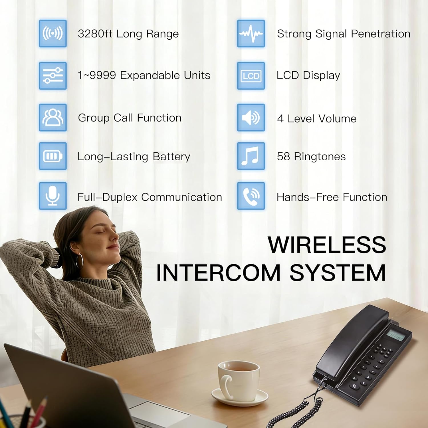 Intercoms Wireless for Home, Hands-Free Home Intercom Systems, 3280ft Long Range Wireless Intercom System for Business Office House Cordless Phones Intercoms (2 Pack,Black)