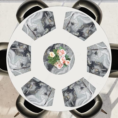 Miniatura 6 de Juego de 4 manteles individuales de PVC con diseño de mármol para mesa redonda, con tapete redondo para centro de mesa, pintura artística, negro,
