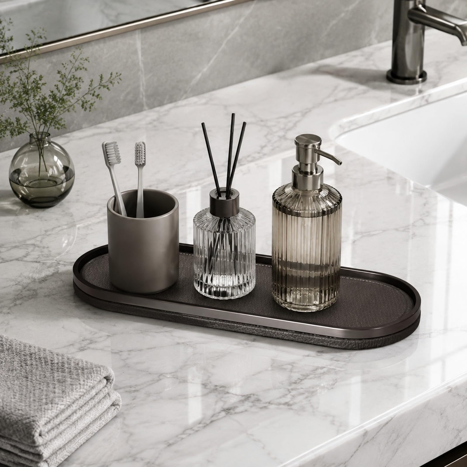 Banja corativa Ovalada y Metal con BOR para Organizar Joyas Llaves y Cosméticos sobre Cómodas Acuada para Exhibición en Hogar, Gris