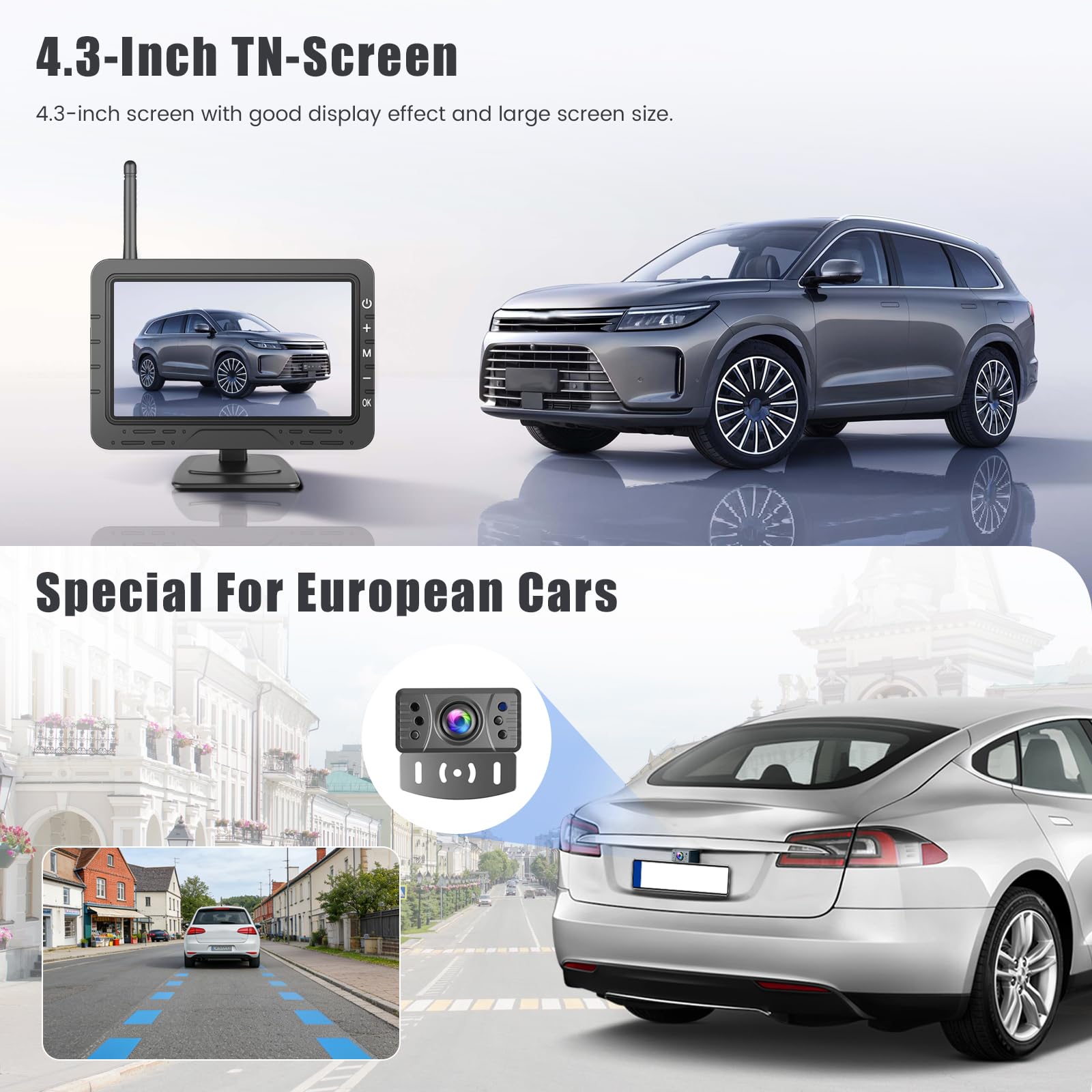 Hikity Kit Telecamera Retromarcia Wireless Schermo 4,3" TN IP68 | Supporto Targa, IR Visione Notturna, per Camion, Furgoni, Camper, 12-24V