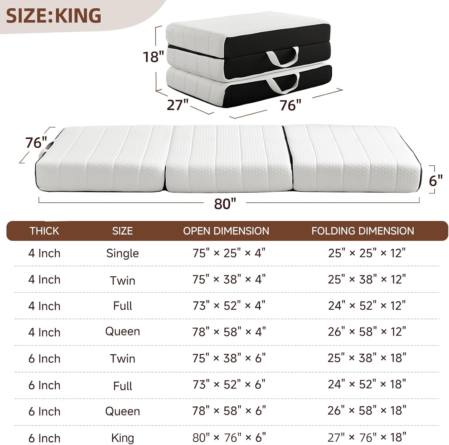 ROXGOX Foldable Mattress, Queen Tri-Fold Memory Foam Mattress Topper with Washable Cover, Handle & Non-Slip Bottom, 6 Inch Portable Folding Bed for Guest, Yoga, Living Room, Camping - 80"x76"x6"