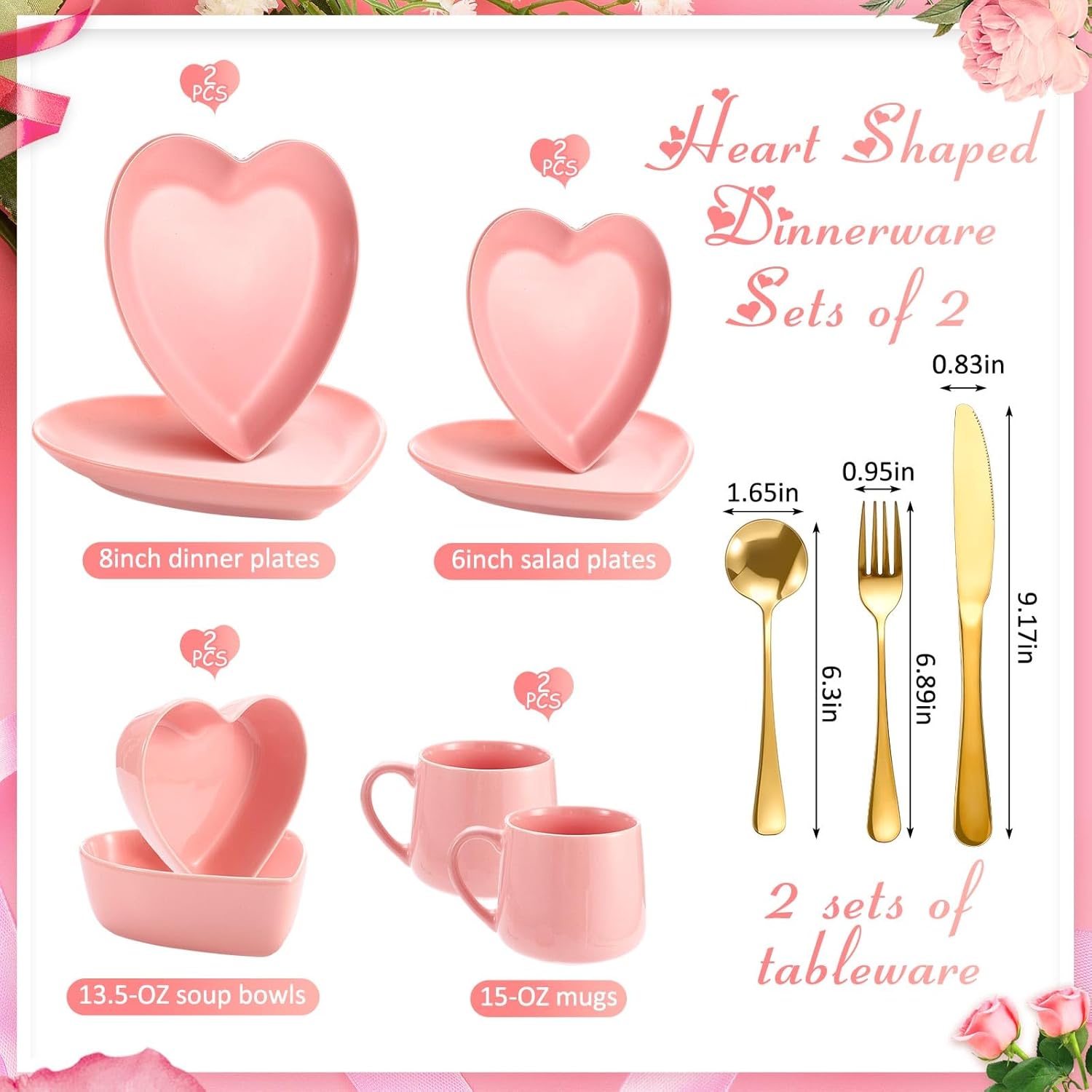 Suclain 14 Pcs Heart Shaped Dish Set Valentine's Day Include 4 Matte Heart Shaped Ceramic Dinner Plate, 2 Pink Bowls, 2 Ceramic Coffee Mug, 6 Gold Cutlery Set for Party(Pink)