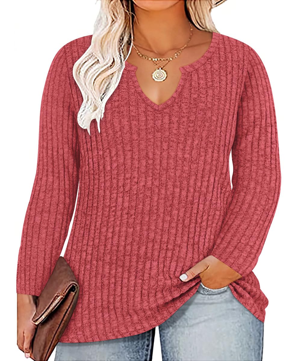 RITERA Plus Size V Neck Tops for Women Long Sleeve Side Split Lightweight Knitwear Solid Color Loose Casual Tunic Top XL-5XL
