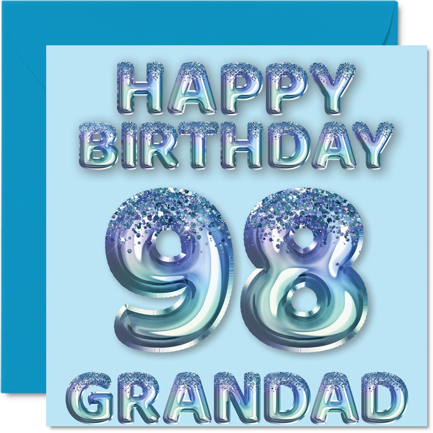 98th Birthday Card for Grandad, Blue Glitter Party Balloons