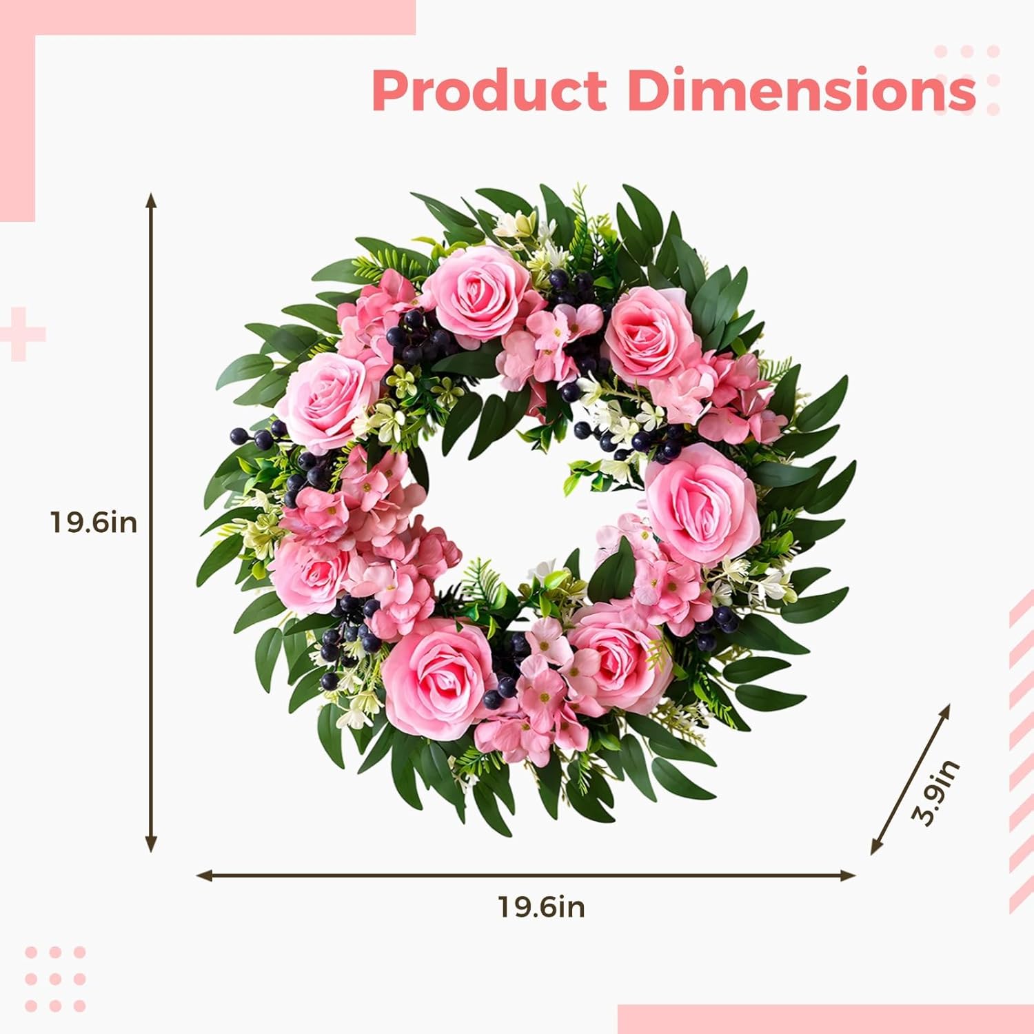 Front Door Spring Wreaths, Peony Rose Design, 19.6 in (50 Cm), Faux Flower Decoration, Spring Ideal, Decorative Plastic Florals Door Hangings