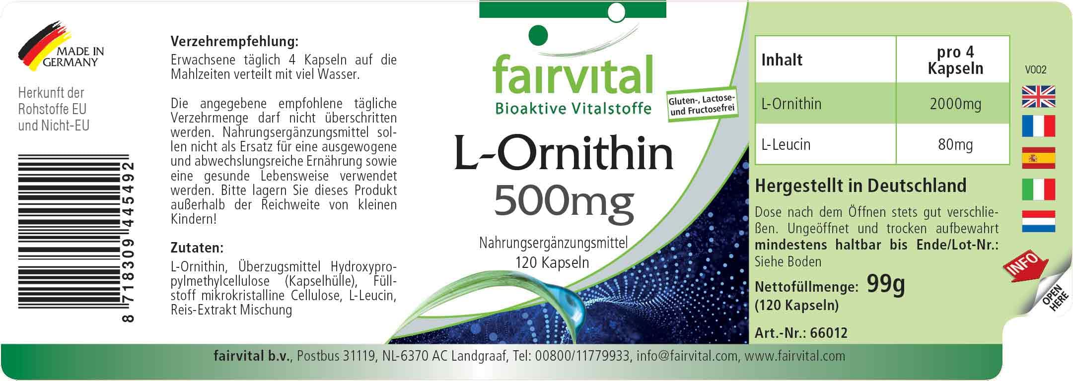 fairvital L-ornitina 500 mg, 120 capsule, ALTO DOSAGGIO, vegano
