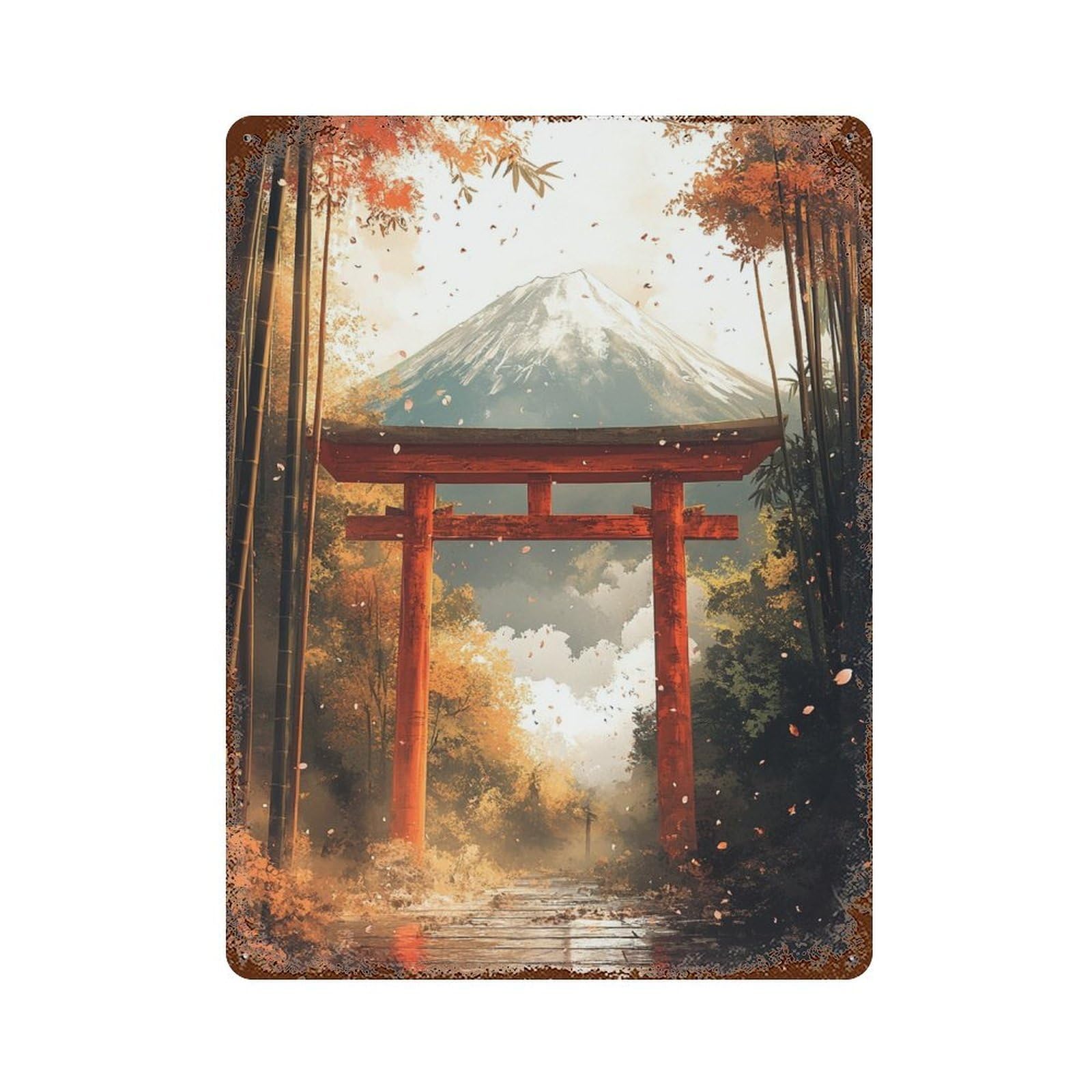 Japanese Torii Gate with Mount Fuji 15.7"x11.8" Aged Metal Wall Plaque, Vintage Wall Decor for Basement, Hobby Room And Garage Decor