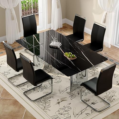 Miniatura 2 de Moderno juego de mesa de comedor para 6, 7 piezas, mesa rectangular de mármol sintético de 71 pulgadas con base de acero inoxidable plateado en