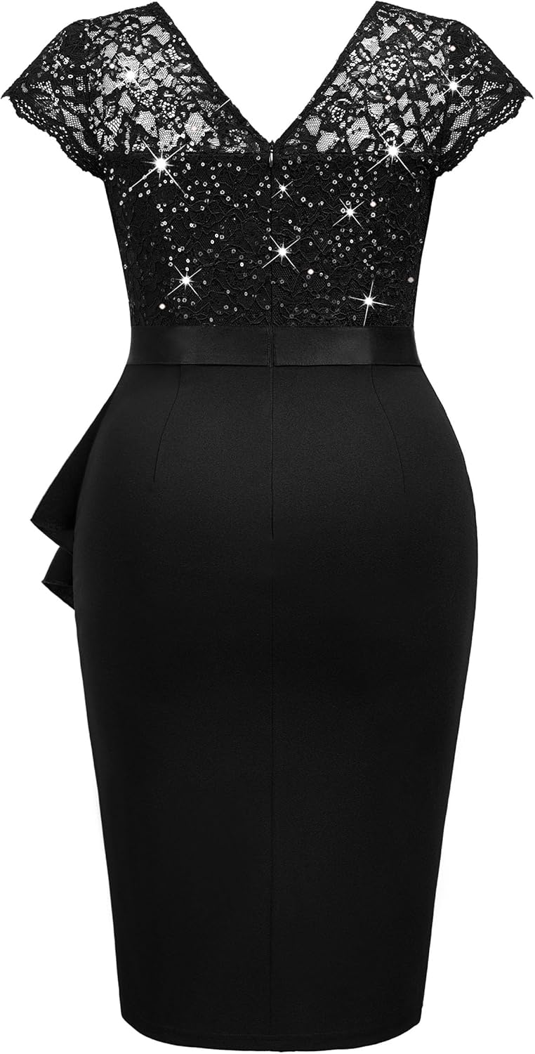 MISSMAY Women's Plus Size Sequin Floral Lace Ruffle Split Elegant Cocktail Party Dress - Image 6