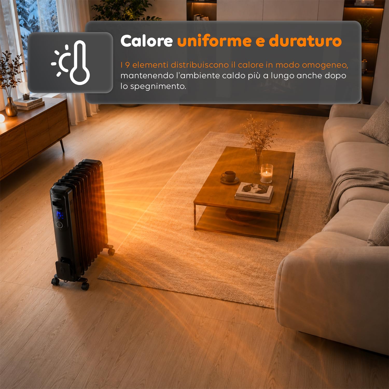 Radiatore Elettrico ad Olio 9 Elementi da 1500 Watt con Timer Programmabile per Accensione e Spegnimento - Display Digitale a Led e Telecomando, 60cm