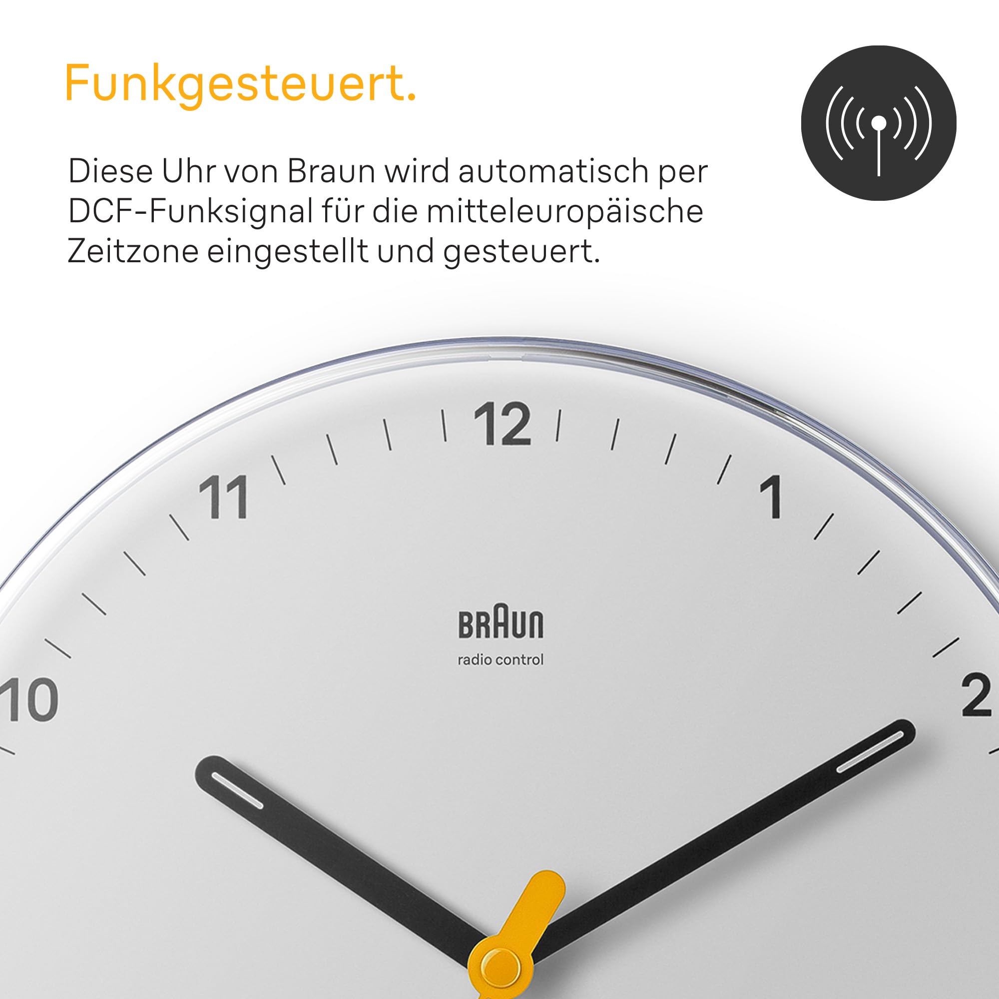 Braun Klassische Funk-Wanduhr mitteleuropäische Zeitzone (DCF/GMT+1) mit Schwenkwerk, leicht ablesbar, 23 cm Durchmesser in Weiß, Modell BC26W-DCF.