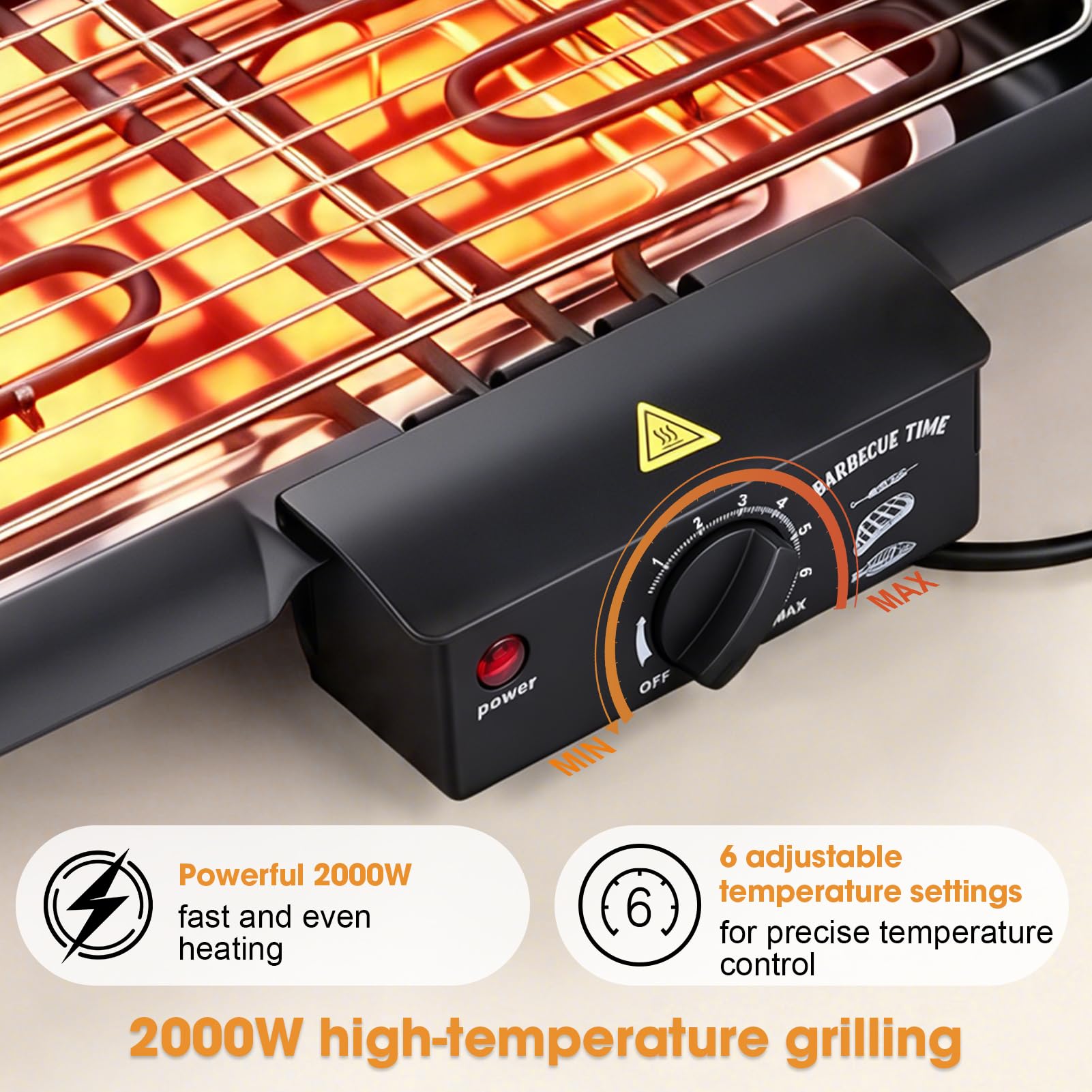 2000W Griglia Elettrica, 6 Livelli Controllo Temperatura Fino 350°C, Bassa Emissione Fumo Altezza Regolabile Barbecue Elettrico per Feste Giardino Campeggio Celebrazioni Familiari