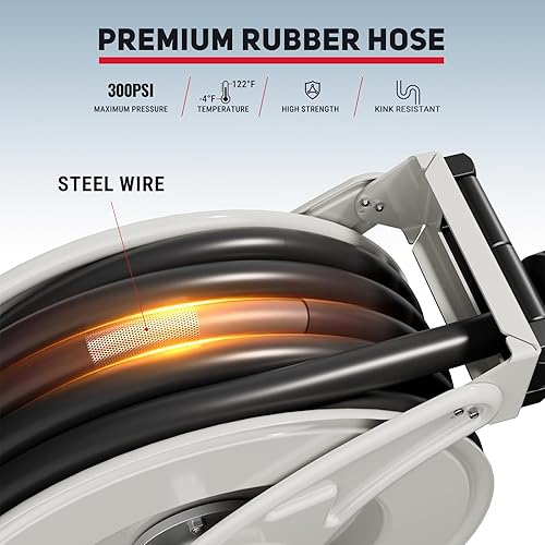 Vista 49 de Carrete de manguera de combustible diésel retráctil de 1 pulgada x 50 pies con boquilla de combustible, carrete de manguera diésel de 300 PSI