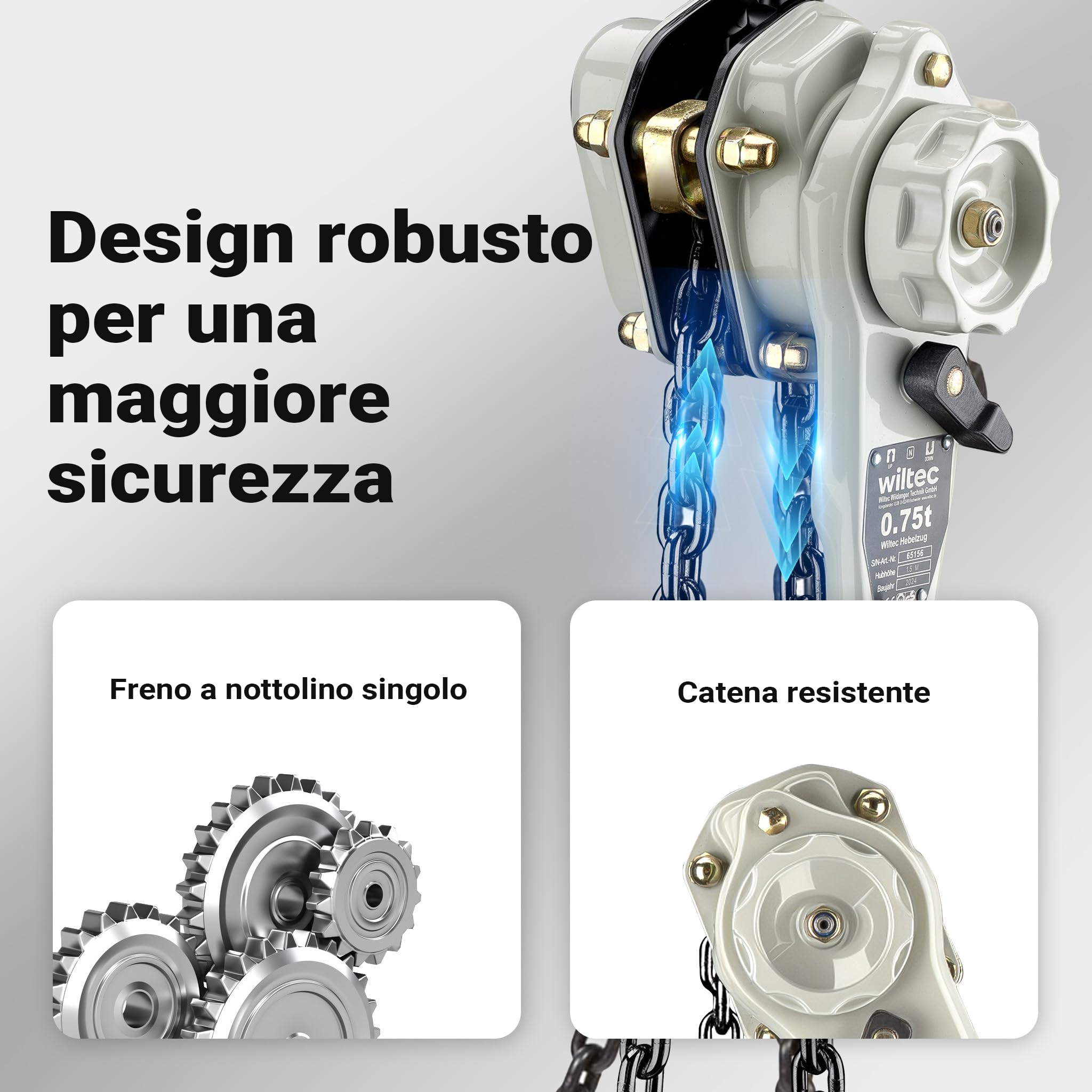 Wiltec Paranco a leva 0,75 t x 1,5 m, paranco a catena compatto con impugnatura girevole a 360°, per lavori di sollevamento in spazi ristretti