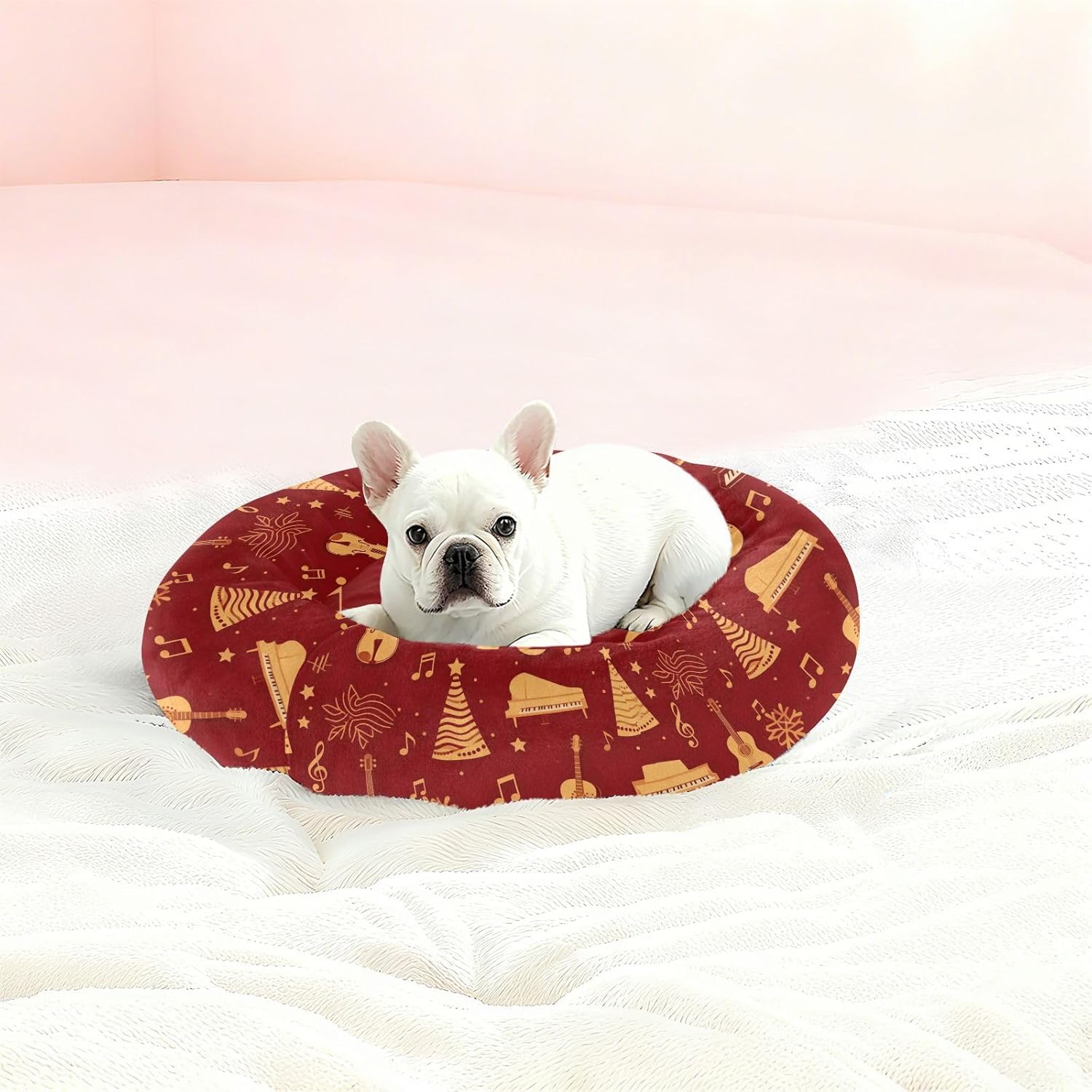 Pet Dog Bed Anxiety Relief Fluffy Cat Pillow Bed for Small Size Pets Sleeping M Musical Instruments and Christmas Elements