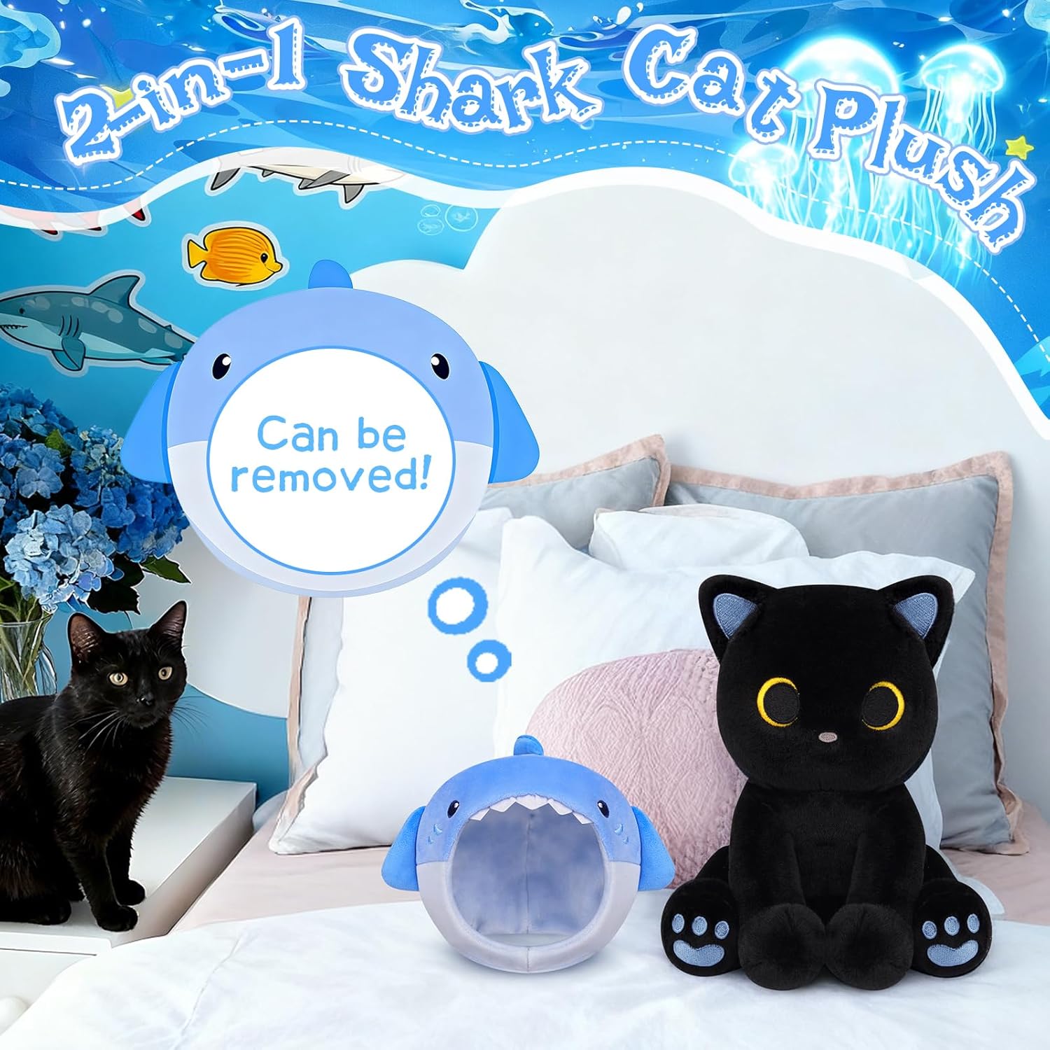 Shark Plush Stuffed Cat, 8inches Black Cat Plush with Blue Shark Hood Removable, Cute Plushies Kawaii Cat Stuffed Animal Doll Toy Valentines Day Gifts for Kids Boys Girl