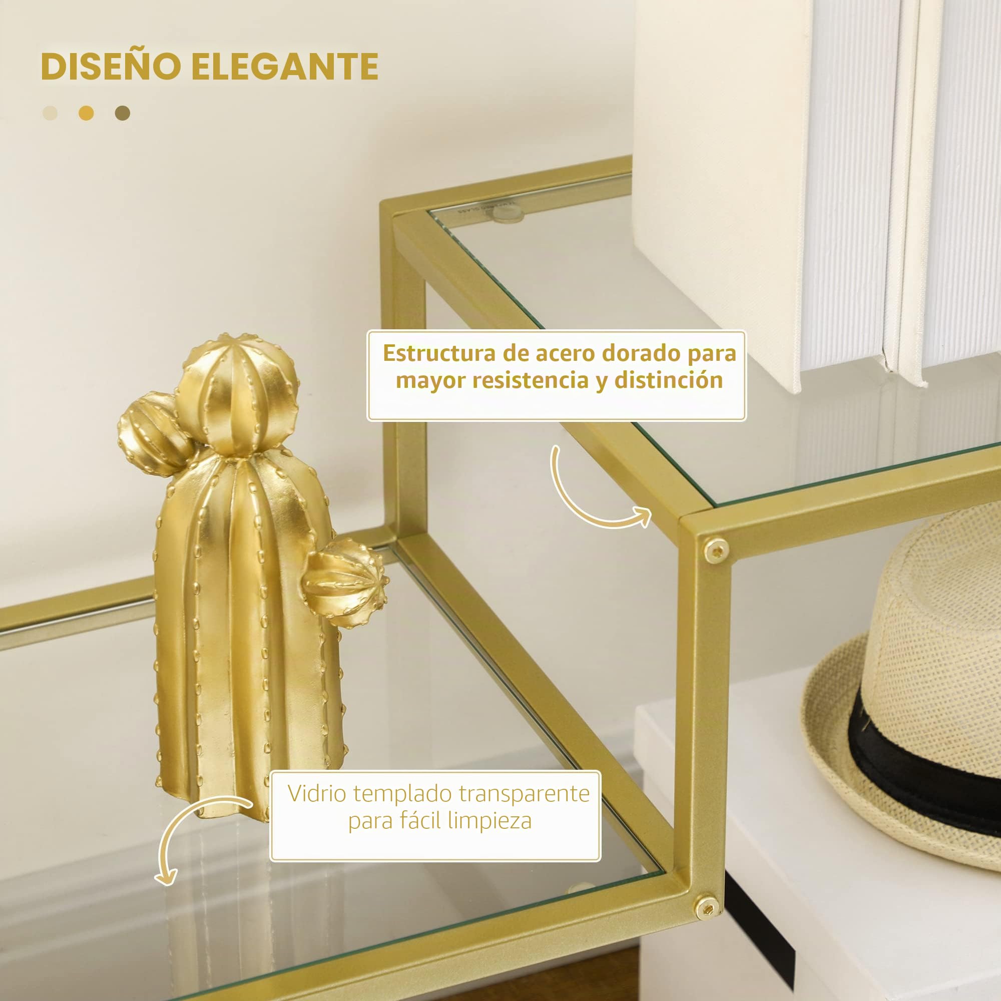 HOMCOM Consola de Entrada con 3 estantes de Acero y Cristal Templado, 100x32x76 cm, Dorado
