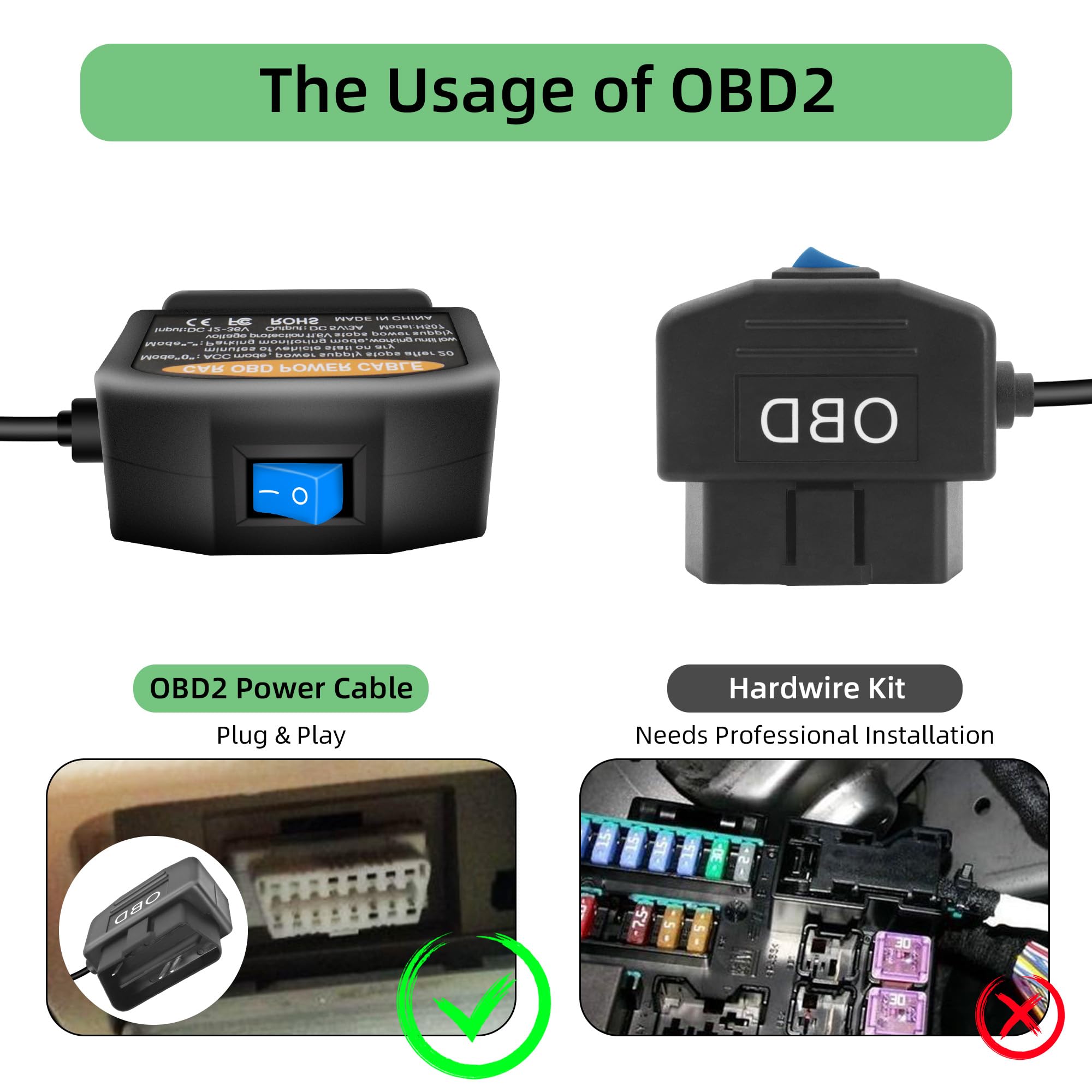 RIIEYOCA Câble D'alimentation OBD Pour Caméra Embarquée, Adaptateur USB C Vers OBD-II Avec Bouton Interrupteur Connecteur Plug And Play 24 Heures De Surveillance/mode Acc (3,5 M