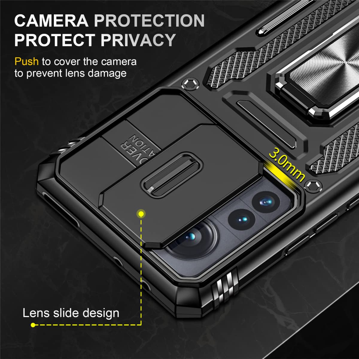 CLYDITE Cover per Xiaomi 12 Pro Nero Custodia con Pellicola Protettiva [2 Pack] Fotocamera Slidable Antiurto Custodia Antiurto Grado Militare 360° Ring Supporto Silicone Custodie