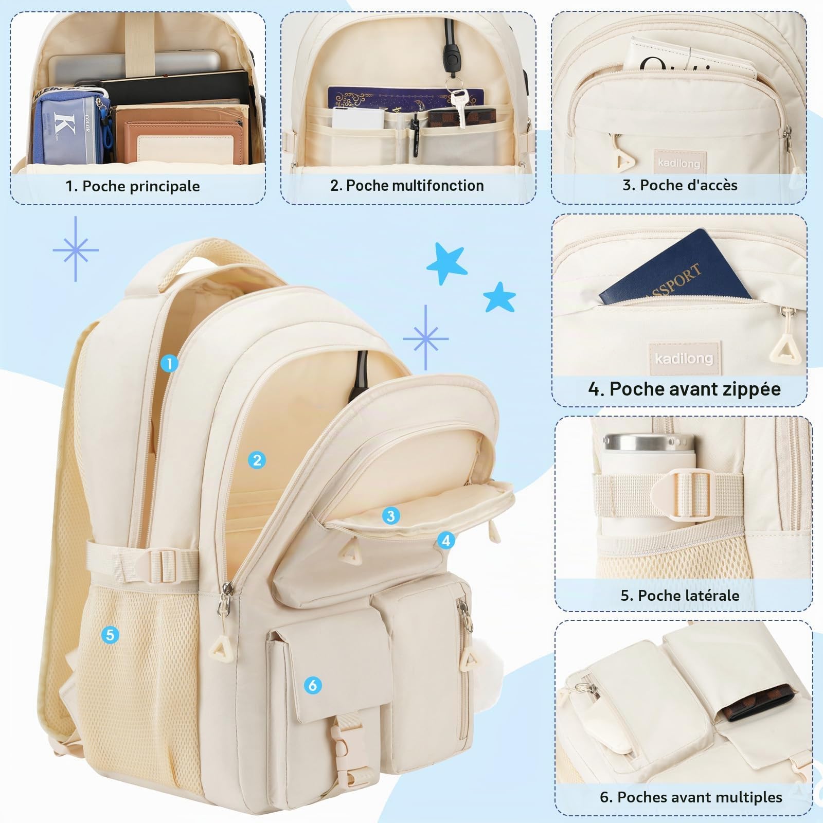 kadilong Sac École pour Fille College Lycée Scolaire Cartable Sac Université,Sac à Dos Ordinateur Portable Femme 15.6 Pouces pour Loisir Voyage Affaires