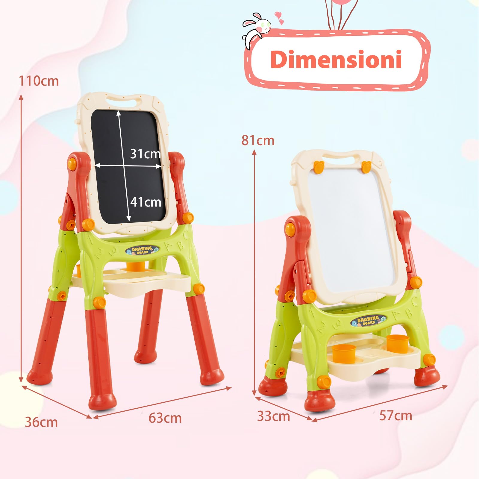 GYMAX Lavagna Magnetica per Bambini, Cavalletto da Disegno Doppio Lato con Lavagna, Tavolo da Disegno Portatile con Maniglia, Altezza Regolabile per Bambini 3+ Anni (Rosso)